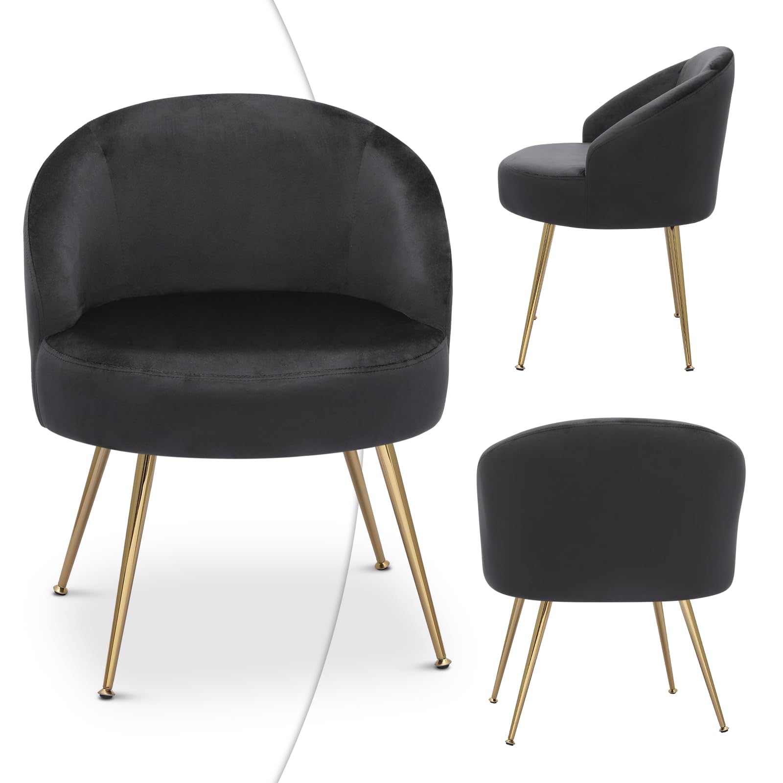 Magshion Black Velvet Vanity Chair with Metal Legs - No Wheels, Back Support Accent Chair for Bedroom, Living Room & Makeup Area - Comfy Upholstered Seat for Girls & Women (Perfect for Dressing Table, Beauty Station & Home Decor)