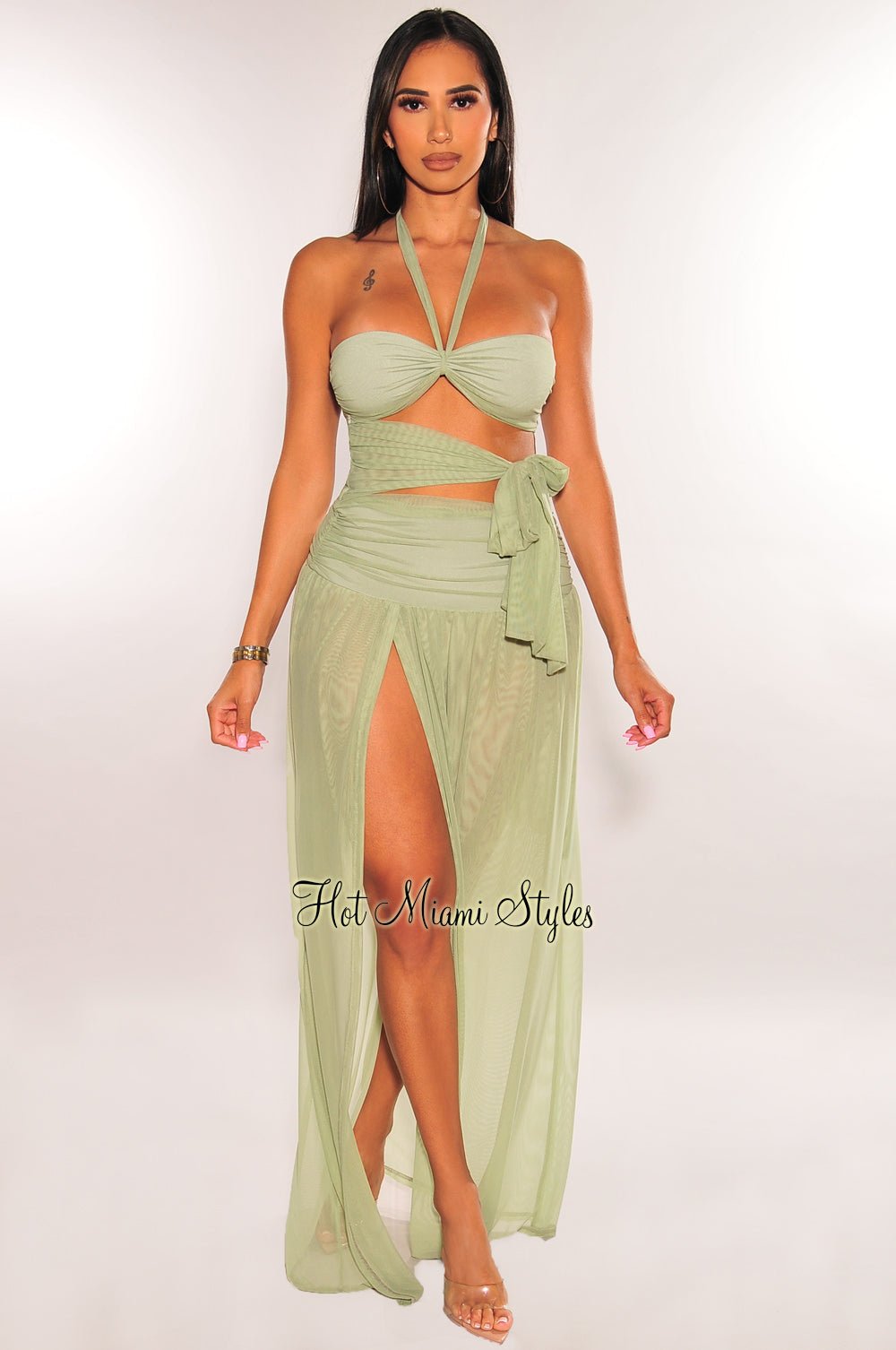 Sage Green Mesh Halter Neck Cut Out Tie Up Slit Maxi Dress for Women - Elegant Summer Beach Party & Evening Gown