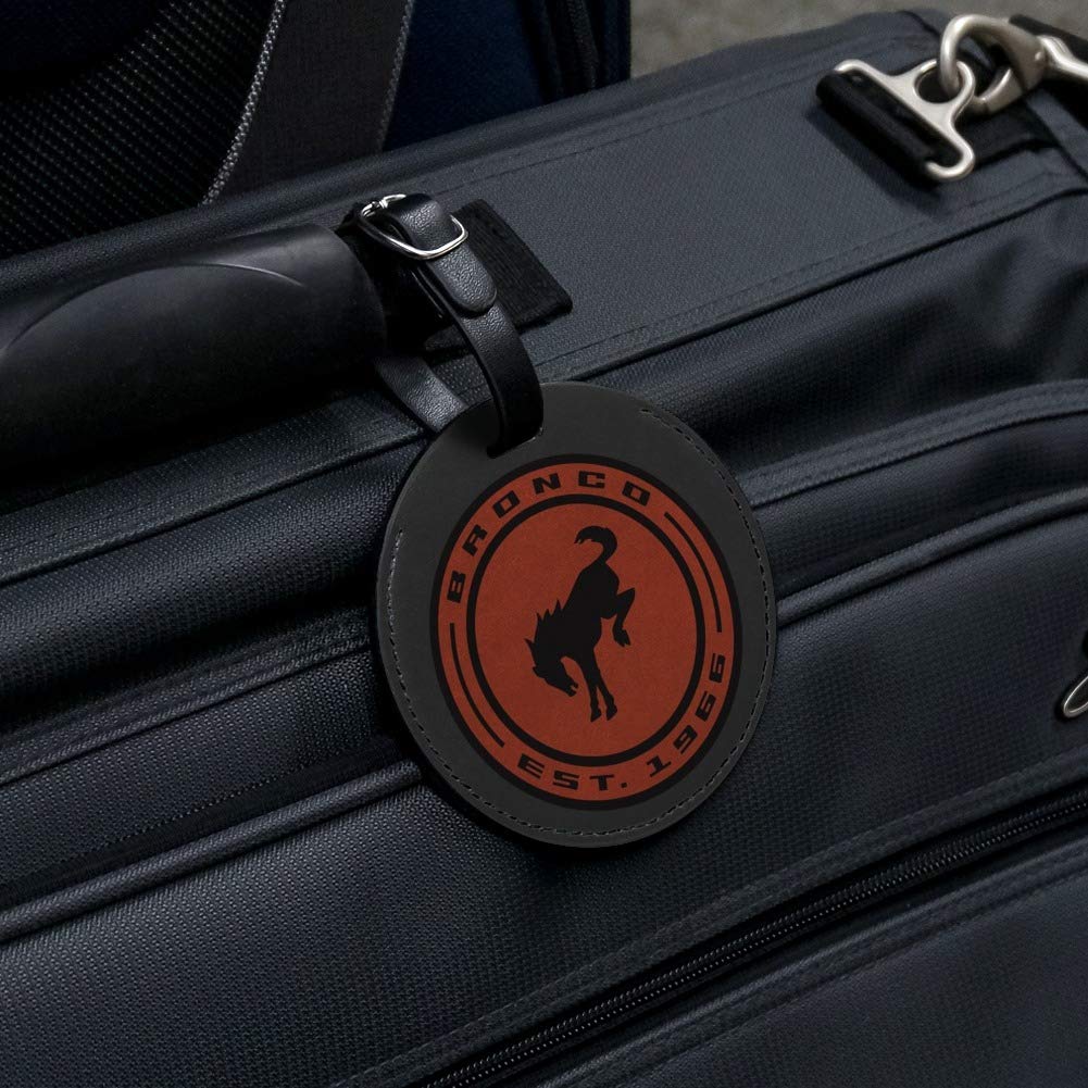 Vintage Bronco Round Leather Luggage Tag - Distressed Leather ID Badge for Carry-On Bags & Suitcases | Perfect for Travel, Business Trips & Vacation