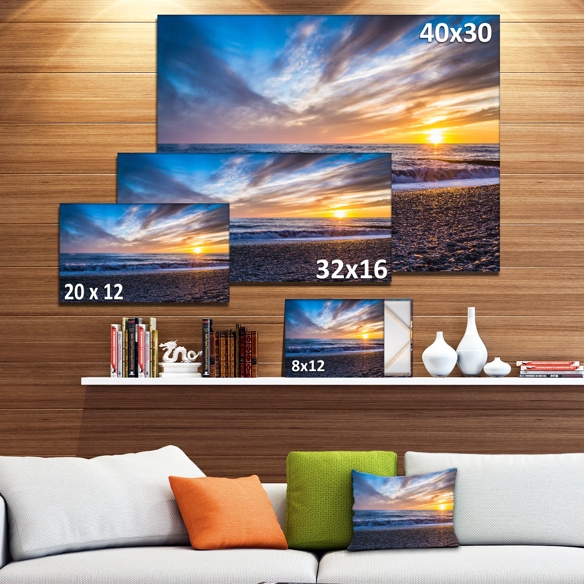 Cloudy Sky with Bright Yellow Sun Beach Photo Canvas Print - Blue Ocean Wall Art for Living Room, Bedroom & Office Decor