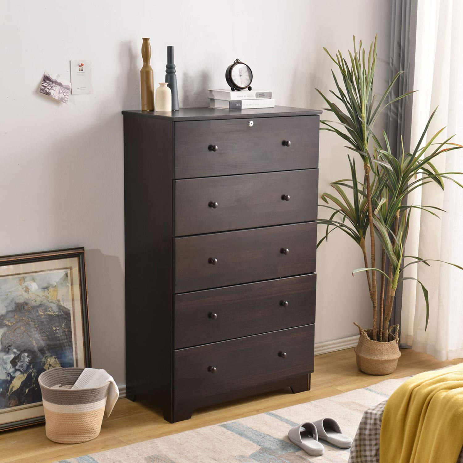 Solid Pine Wood Dresser - 5 Deep Drawers with Lock & Key for Bedroom Storage