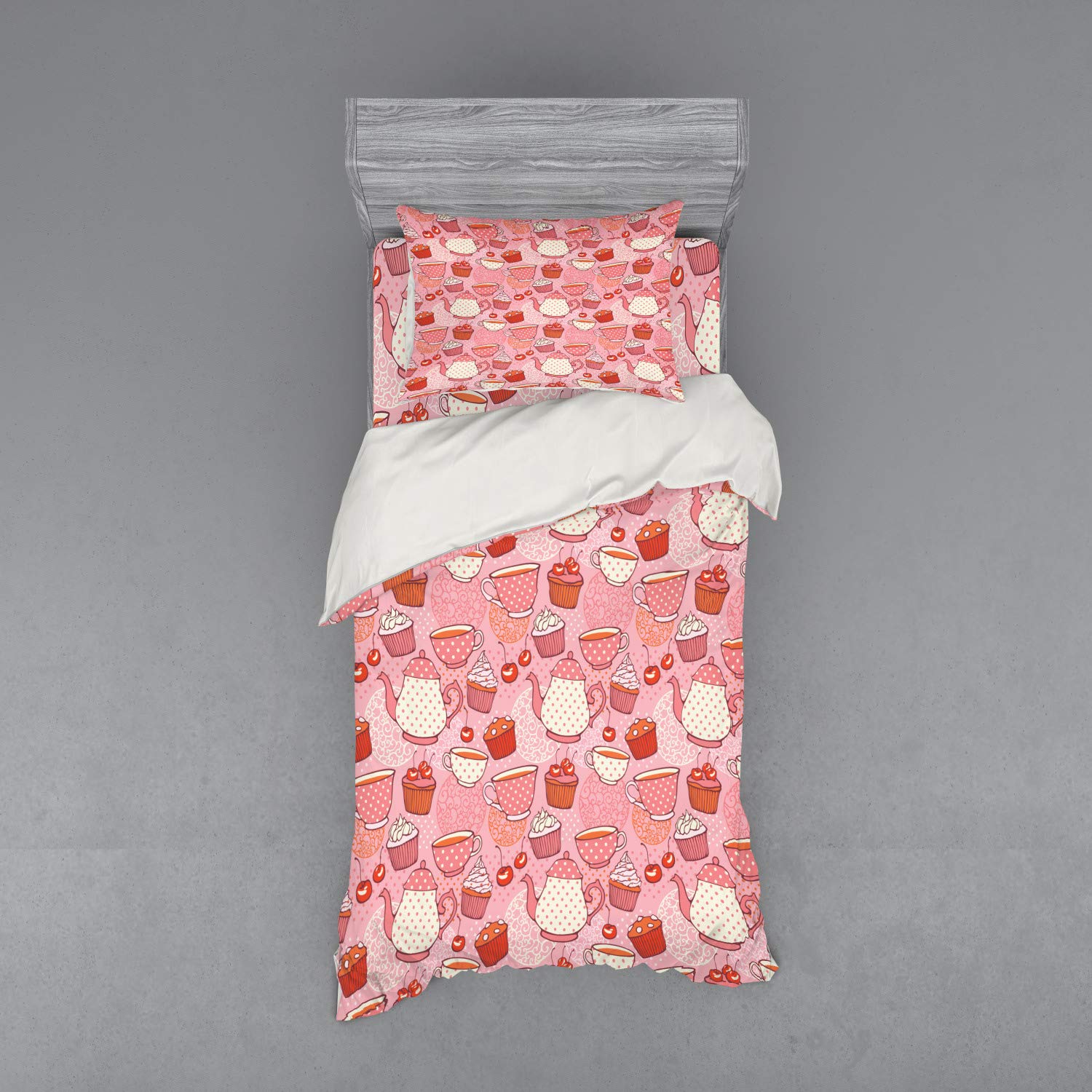 Ambesonne Cartoon Bedding Set - 3 Piece Duvet Cover with Sham & Fitted Sheet, Teapot & Cup Design with Polka Dots, Cherries & Cake Patterns in Pink, Orange & Red | Twin Size | Perfect for Kids' Rooms, Tea-Themed Bedrooms & Cozy Home Decor