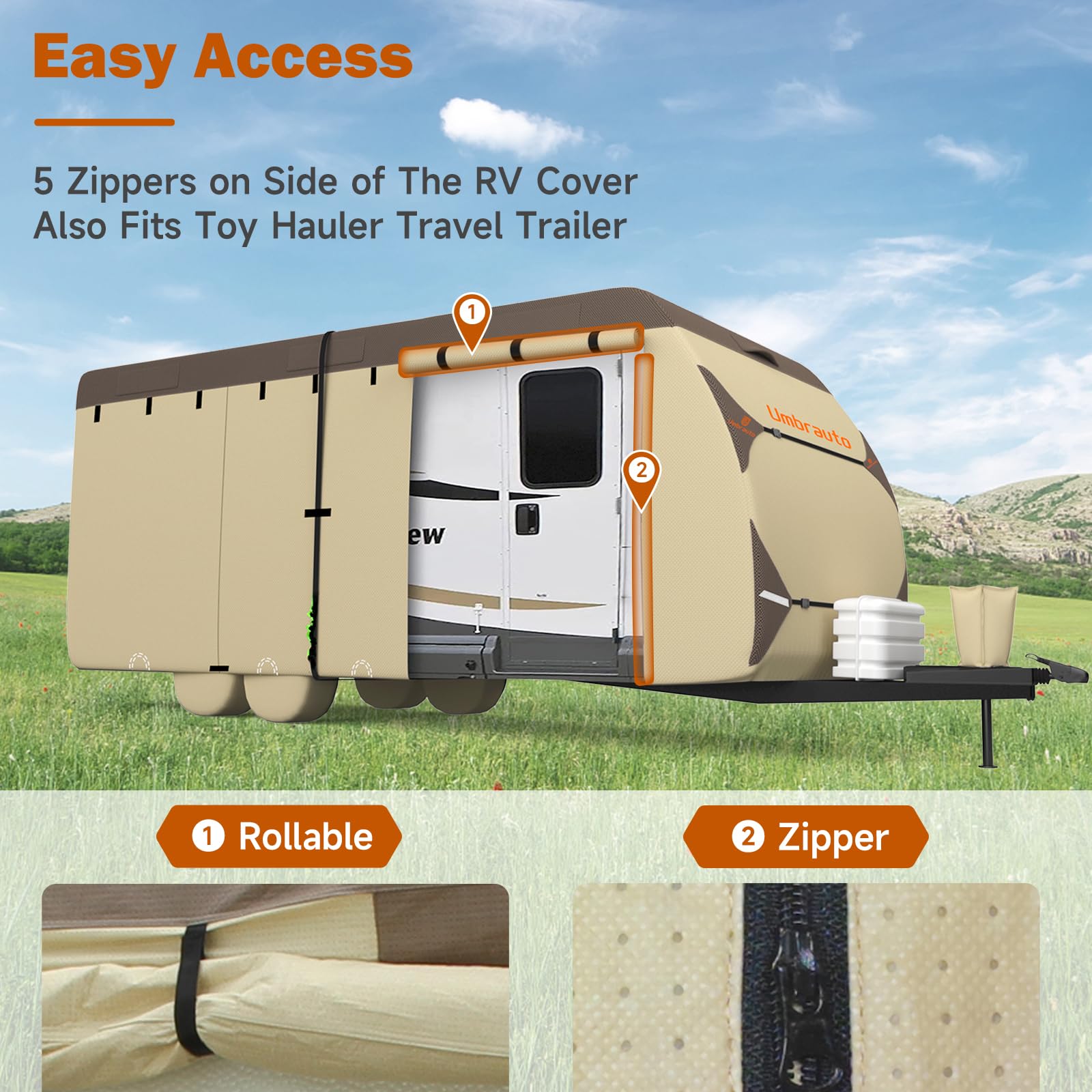 Umbrauto Travel Trailer Cover – Premium 7-Layer RV Cover for 20'-22' Campers, Waterproof & Windproof Protection with 4 Tire Covers, Tongue Jack Cover, Gutter Cover & Bonus Windproof Straps – Ideal for Outdoor Storage, Winter Protection & Long-Term RV Shelter