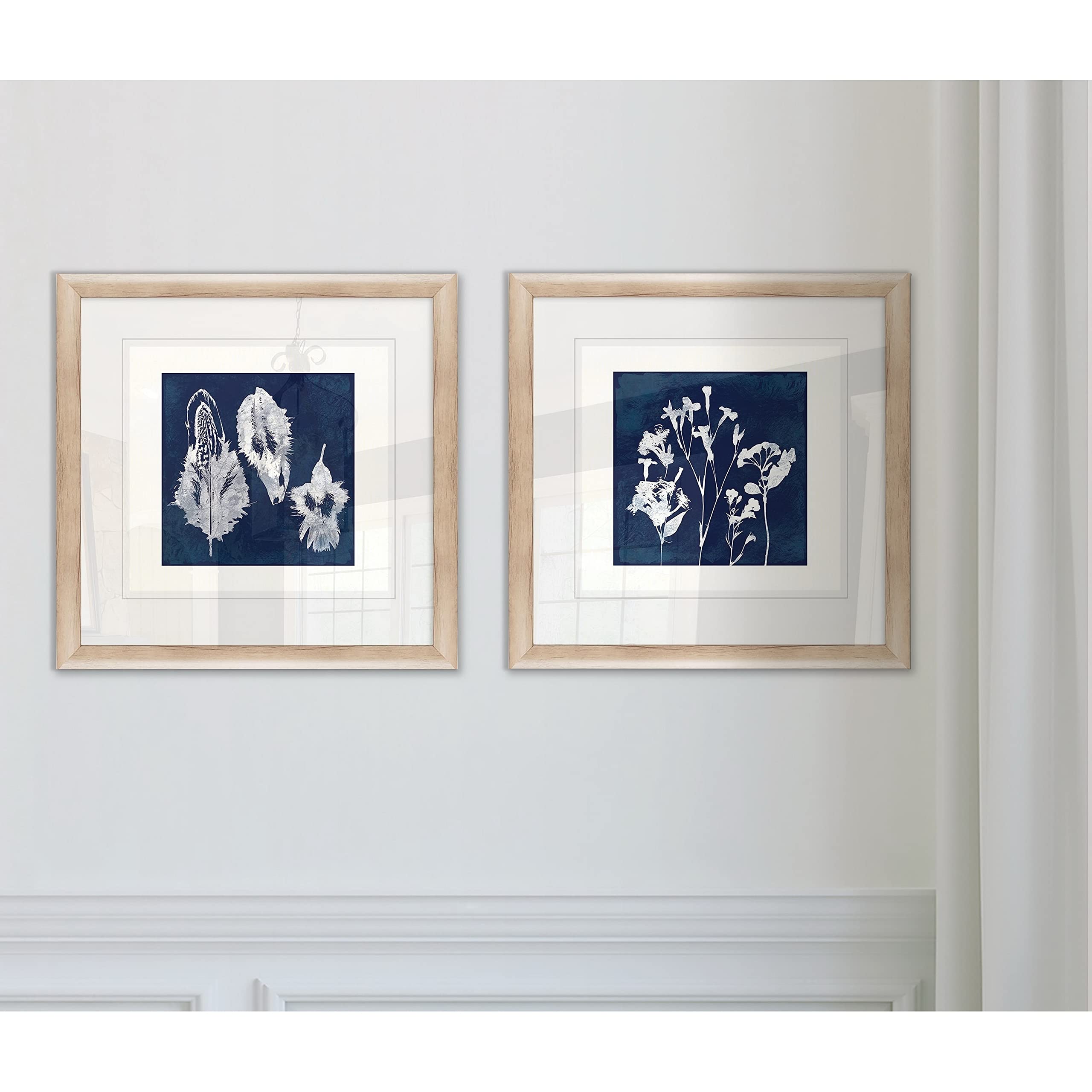 WEXFORD HOME 'Cyanotype Botanical I' Framed Wall Art Set of 2 - Blue Floral Print Decor for Living Room, Bedroom & Office - Perfect Housewarming Gift & Home Decoration