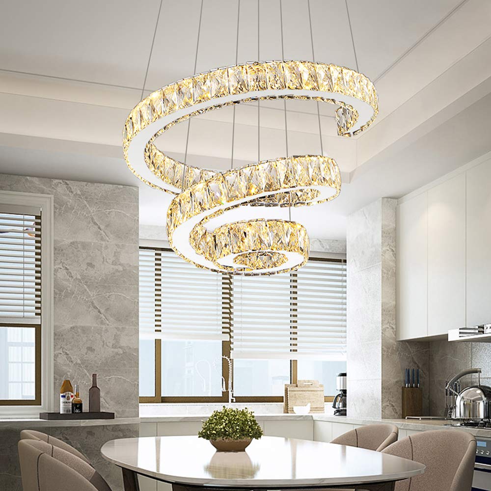 Modern LED Crystal Chandelier - Adjustable Stainless Steel Spiral Pendant Light with Warm White Lighting - Perfect for Bedroom, Living Room & Dining Room Decor - Elegant Ceiling Fixture for Home, Hotel and Wedding Venue Lighting