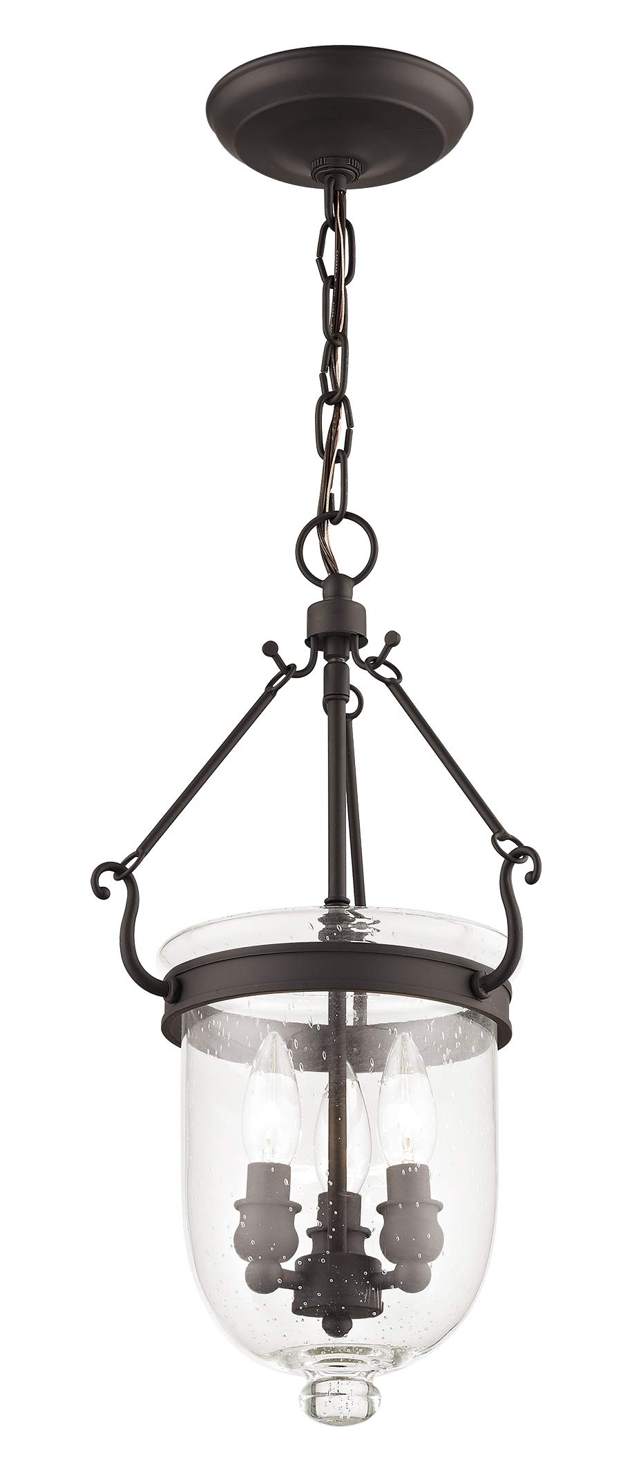 Livex Lighting 5083-07 Jefferson 3-Light Bronze Bell Jar Hanging Lantern with Seeded Glass - Vintage Farmhouse Ceiling Light for Dining Room, Kitchen, or Entryway
