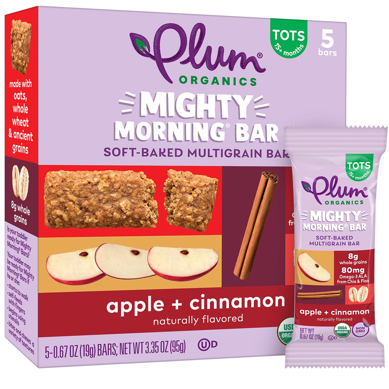 Organic Toddler Snack Bars - Apple Cinnamon (5 Pack) for Healthy Breakfast On-the-Go
