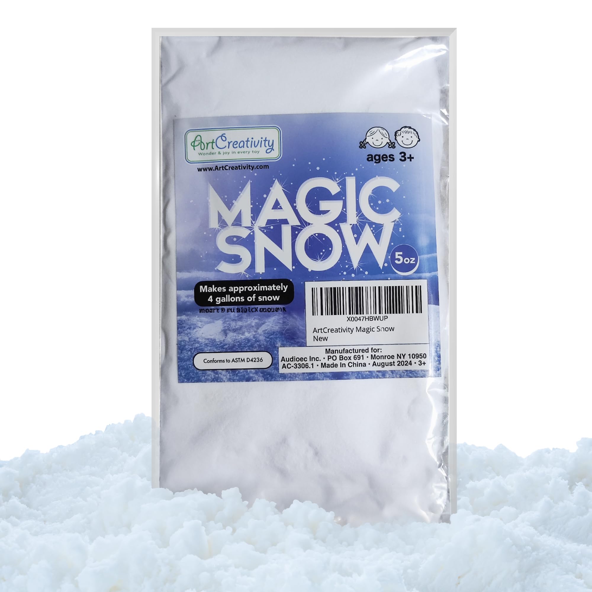 ArtCreativity Instant Snow Powder - 5 Oz Makes 4 Gallons of Fluffy Fake Snow - Safe Non-Toxic Artificial Snow Mix for Kids Science Experiments, Christmas Decorations & Winter Sensory Play - Perfect for DIY Slime, Holiday Crafts & Snow-Themed Party Activities