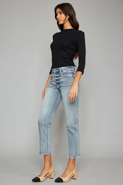 Kancan High Waist Button Fly Raw Hem Cropped Straight Jeans for Women - Trendy Distressed Denim Pants for Casual Outfits & Street Style Fashion