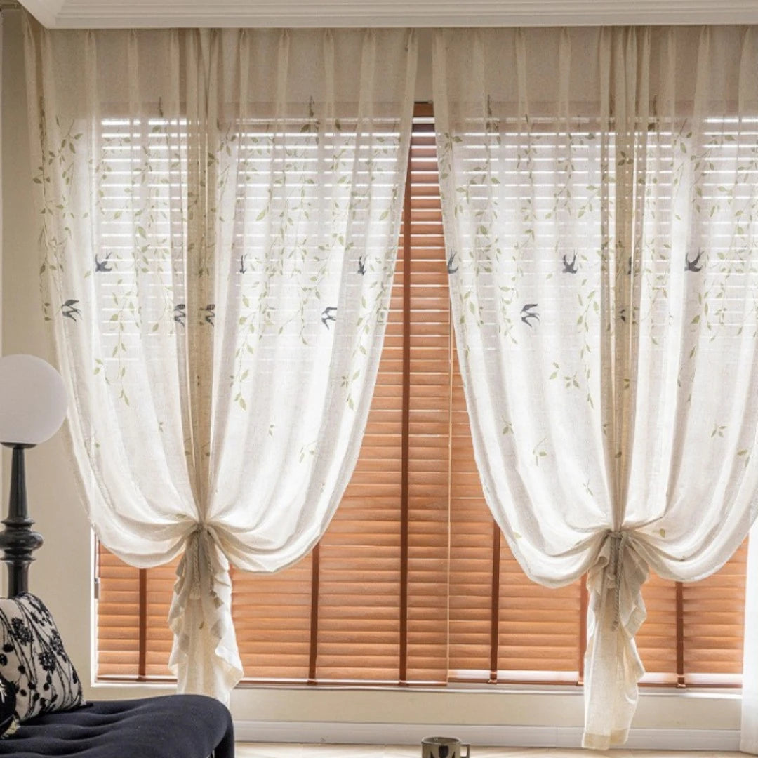 Lisa Serene Swallow Botanical Semi-Sheer Custom Curtains - Elegant Window Treatments for Living Room, Bedroom & Nursery Decor