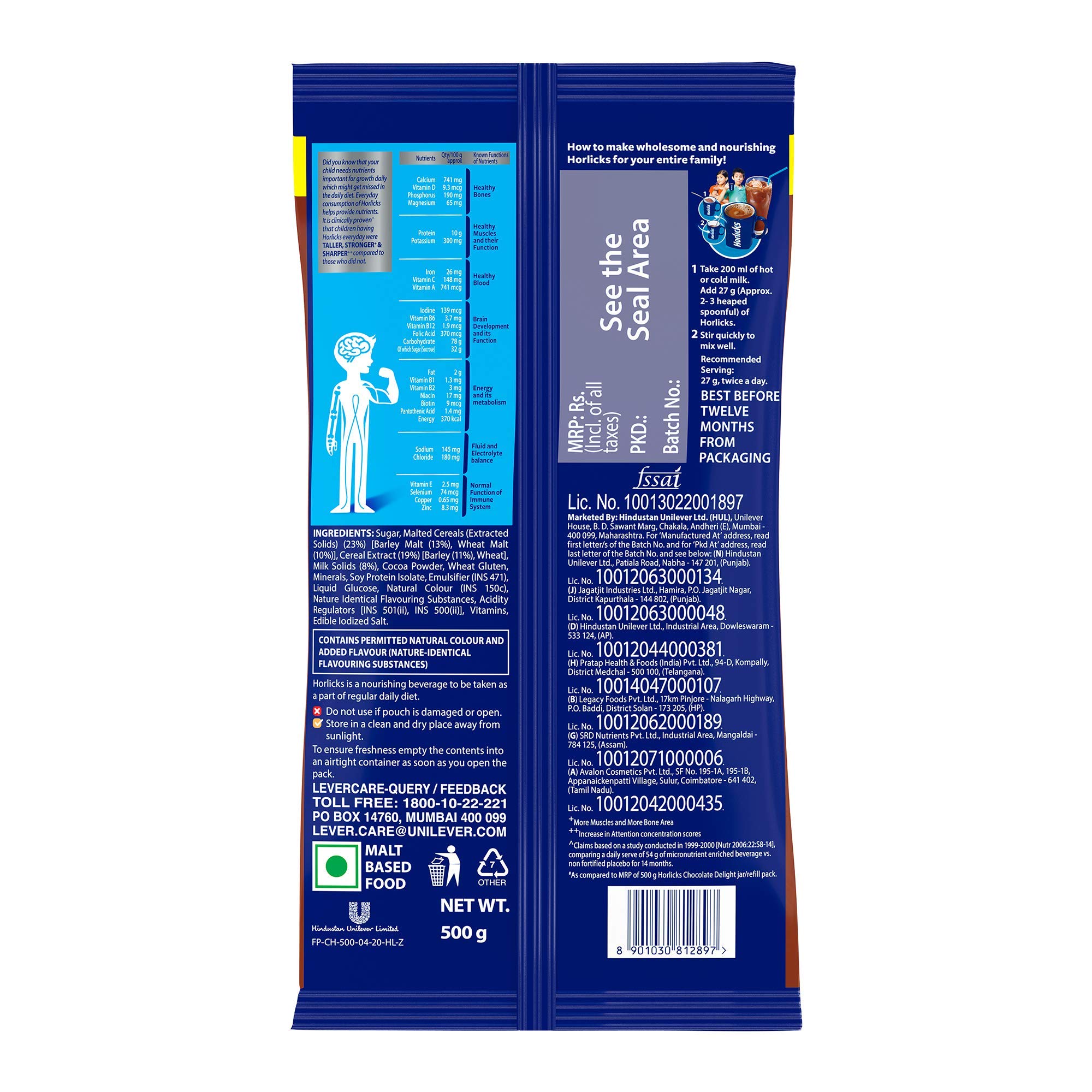Horlicks Chocolate Nutrition Drink Powder - 500g Carton | Rich in Vitamins & Minerals for Kids & Adults | Perfect for Breakfast, Post-Workout & Healthy Snacking