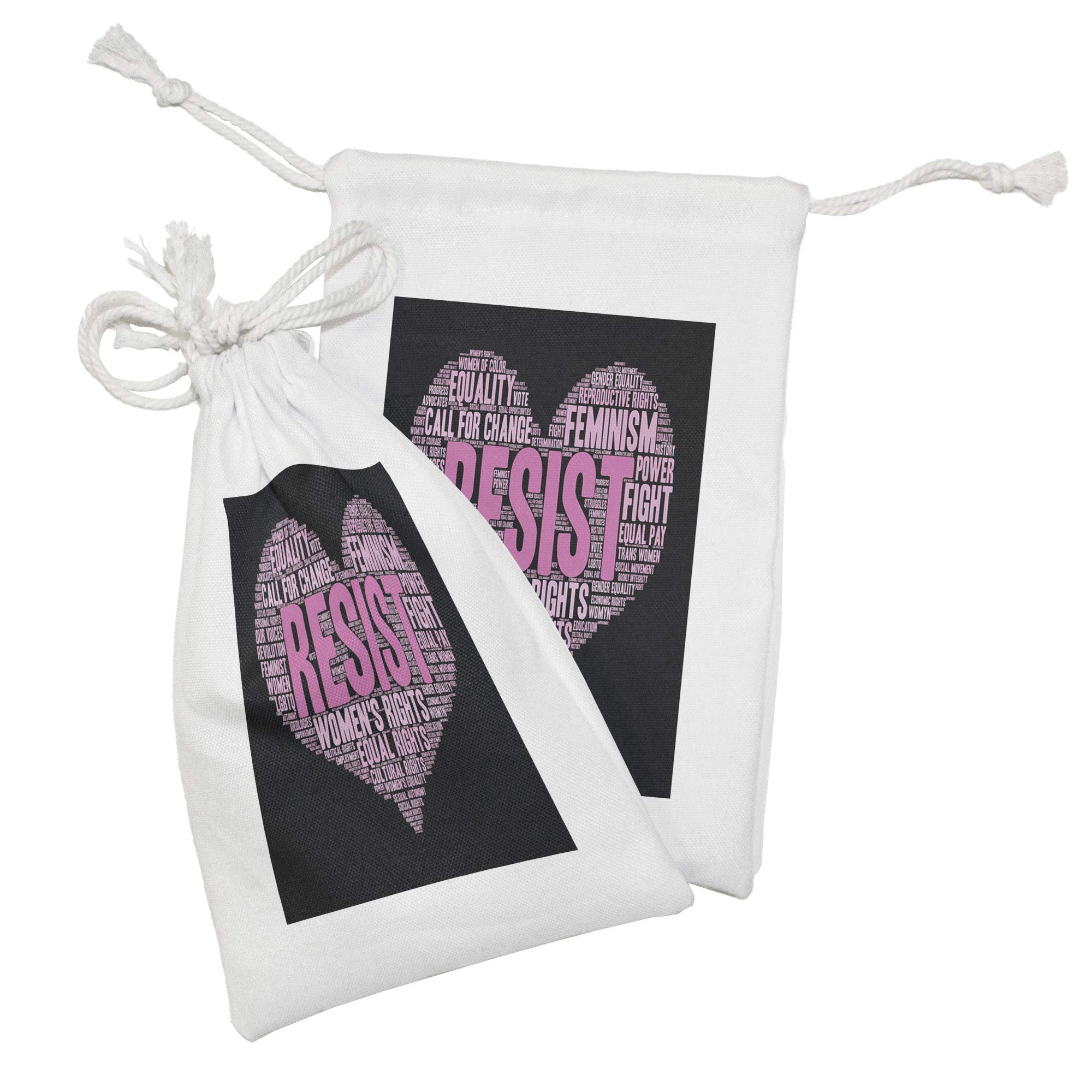 Ambesonne Feminist Fabric Pouch Set of 2 - Heart Shaped Collage with Empowering Phrases for Gender Equality & Social Awareness | Small Drawstring Bags for Toiletries, Makeup, Jewelry & Travel Essentials | 9