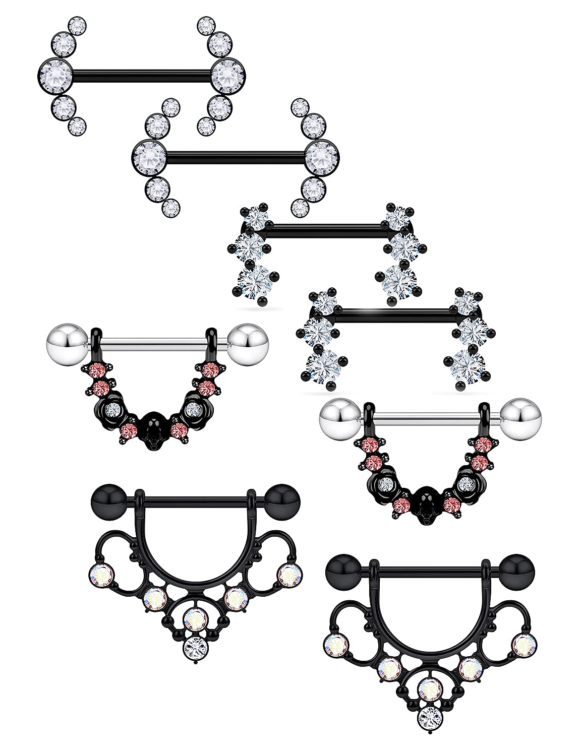 Vsnnsns 14G Surgical Steel Skull & CZ Nipple Rings for Women - 4 Pairs Body Piercing Jewelry | Hypoallergenic Barbell Nipple Jewelry for Daily Wear & Night Out