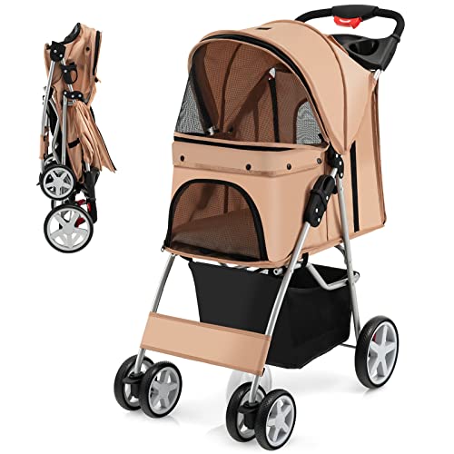 Giantex Foldable Pet Stroller for Small & Medium Dogs & Cats - 4 Lockable Wheels, Safety Belt, Removable Liner & Storage Basket - Lightweight Travel Carrier for Puppies & Kittens (Beige) | Perfect for Park Walks, Vet Visits & Shopping Trips