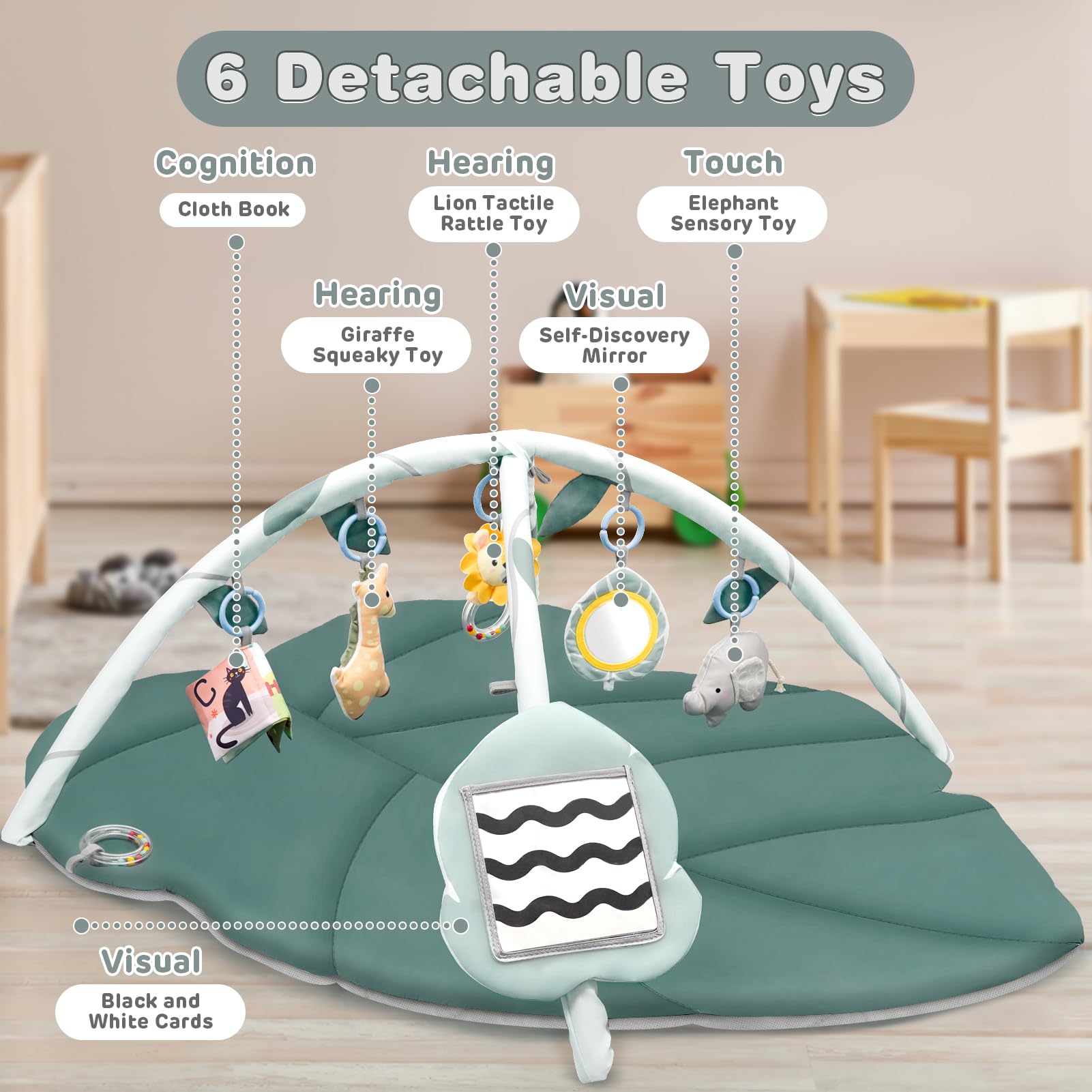 Baby Gym Play Mat - Extra Large Tummy Time Activity Mat for Infants 18+ Months | Sensory Development & Motor Skills Toy with 6 Detachable Accessories | Perfect Newborn Gift for Nursery, Daycare & Playtime