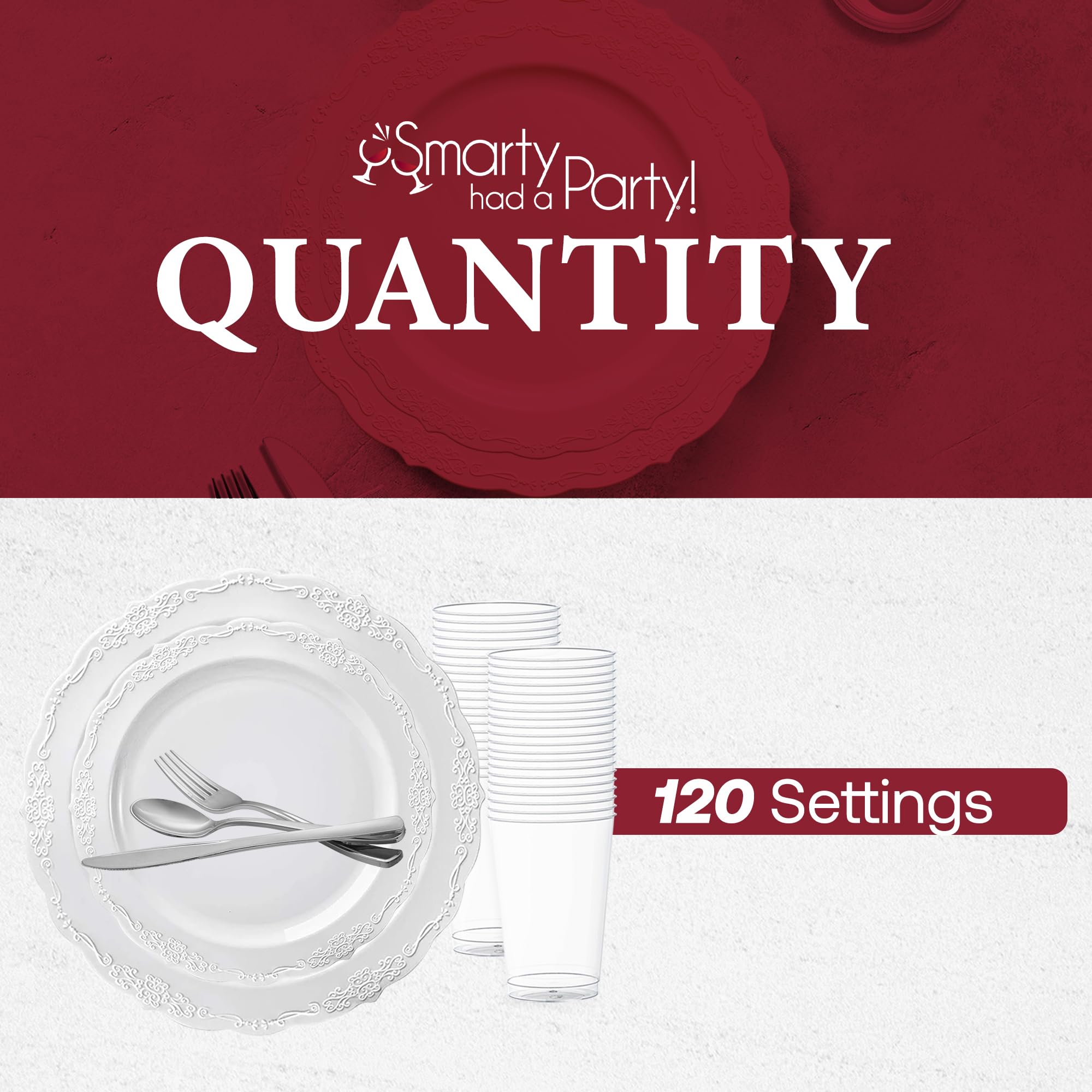 Smarty Had A Party Elegant Plastic Plates Wedding Value Set for 120 Guests - Disposable Dinnerware with White Plates, Silverware & Clear Plastic Cups - Perfect for Weddings, Bridal Showers & Formal Events