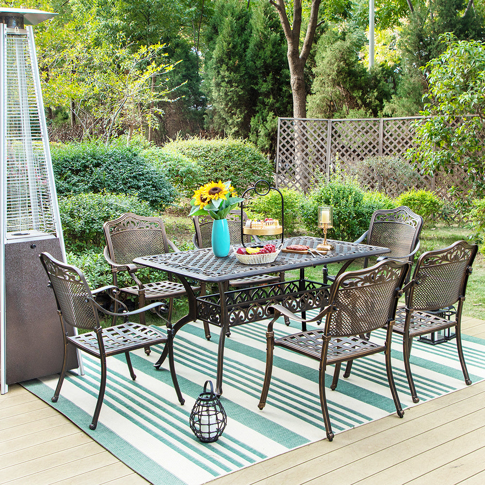 PHI VILLA 7-Piece Outdoor Dining Set - Bronze Coated Cast Aluminum Patio Furniture for Garden, Poolside & Backyard Entertaining