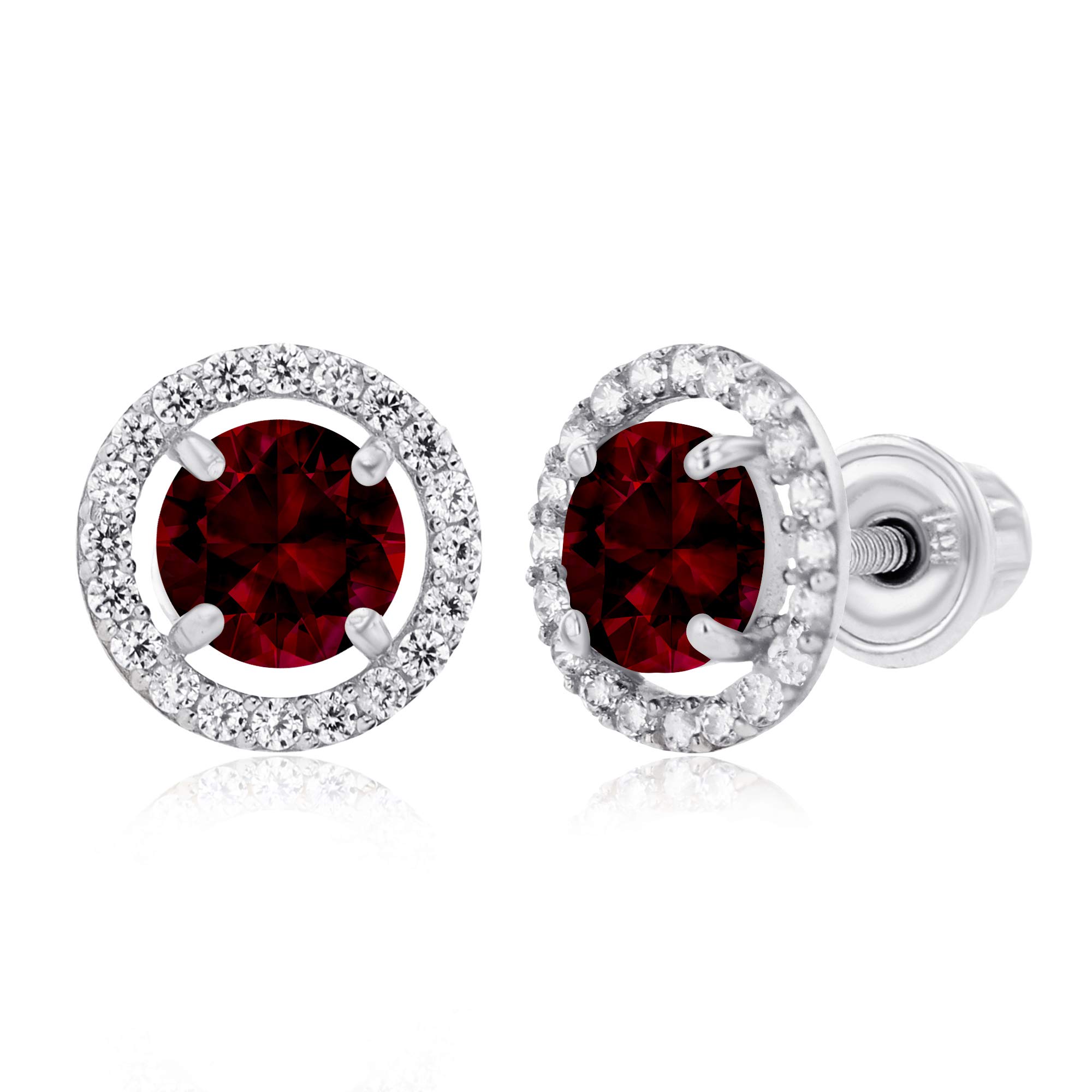 14K Solid Gold 8mm Halo Birthstone Stud Earrings for Women | 5mm Round Gemstone Screw Back Earrings | 1mm White Sapphire Halo | Perfect for Birthdays, Anniversaries & Special Occasions
