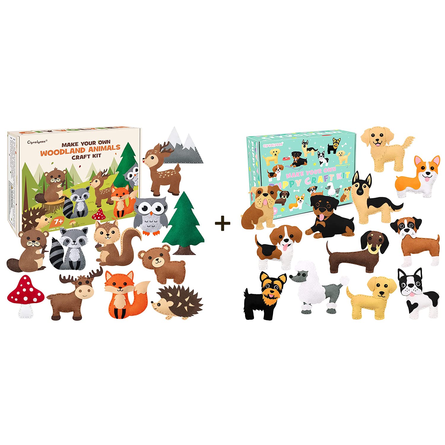 CiyvoLyeen 2 Pack Animal Sewing Craft Kit for Kids - Woodland Animals & Puppy Felt DIY Sewing Kit for Beginners | Fun Educational Activity for Preschoolers & Toddlers | Perfect for Birthday Gifts & Classroom Projects