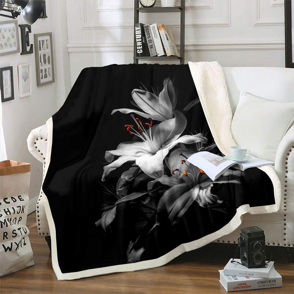 Lily Floral Sherpa Blanket - Blossom Flower Pattern Fleece Throw, 90x90 Inch Queen Size Gray Plush Blanket for Bed, Sofa & Couch - Ultra Soft Warm Fuzzy Blanket for Winter, Home Decor, Gift Idea