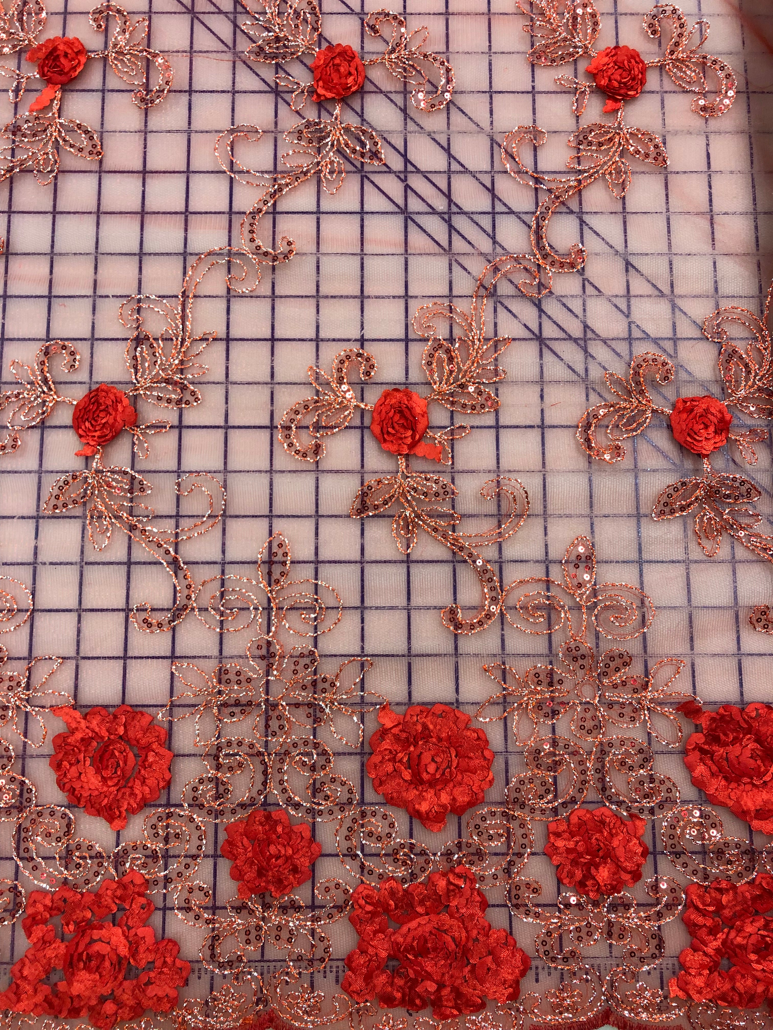 Elegant 52-Inch Wide Red Lace Fabric with Silver Sequins & 3D Floral Embroidery - Perfect for Wedding Dresses, Costumes, and DIY Decorations