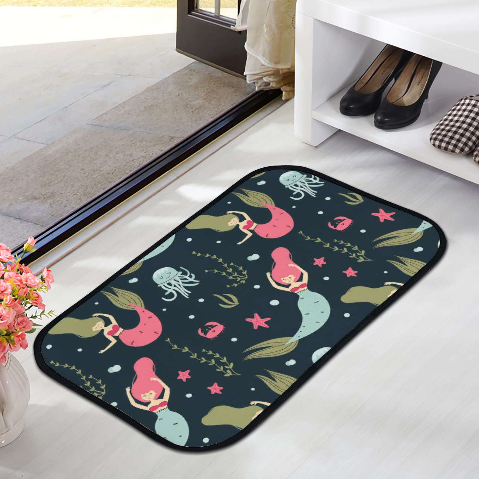 Soft Non-Slip Washable Foam Area Rug - Cute Mermaid & Octopus Design for Kitchen, Bathroom, Living Room - Indoor/Outdoor Home Decor Mat 23.6