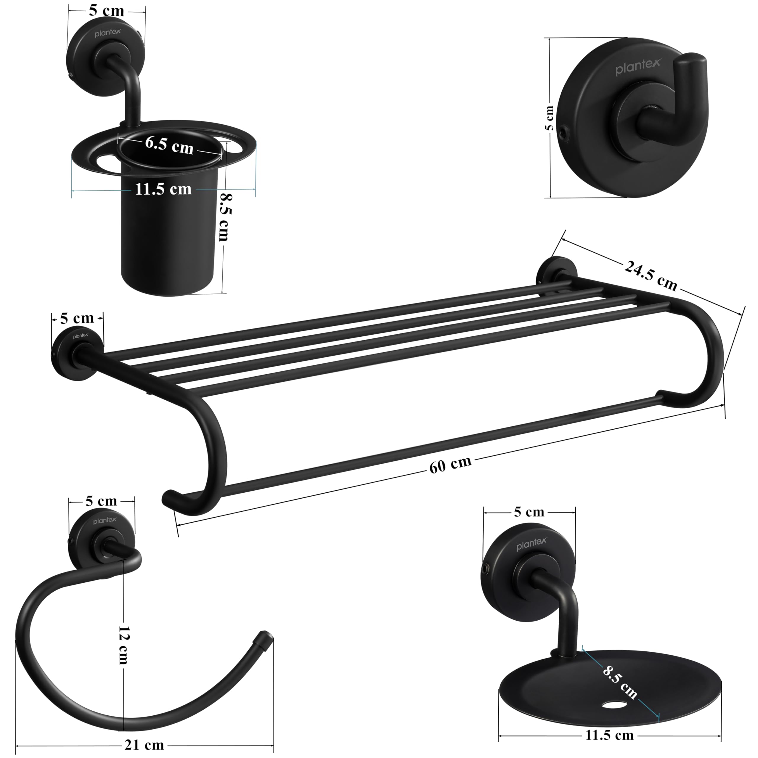 Plantex 304 Stainless Steel Bathroom Accessories Set - 5-Piece Towel Rack, Napkin Holder, Soap Dish, Toothbrush Holder & Robe Hook in Matte Black - Modern Bathroom Organization for Home & Hotel Use