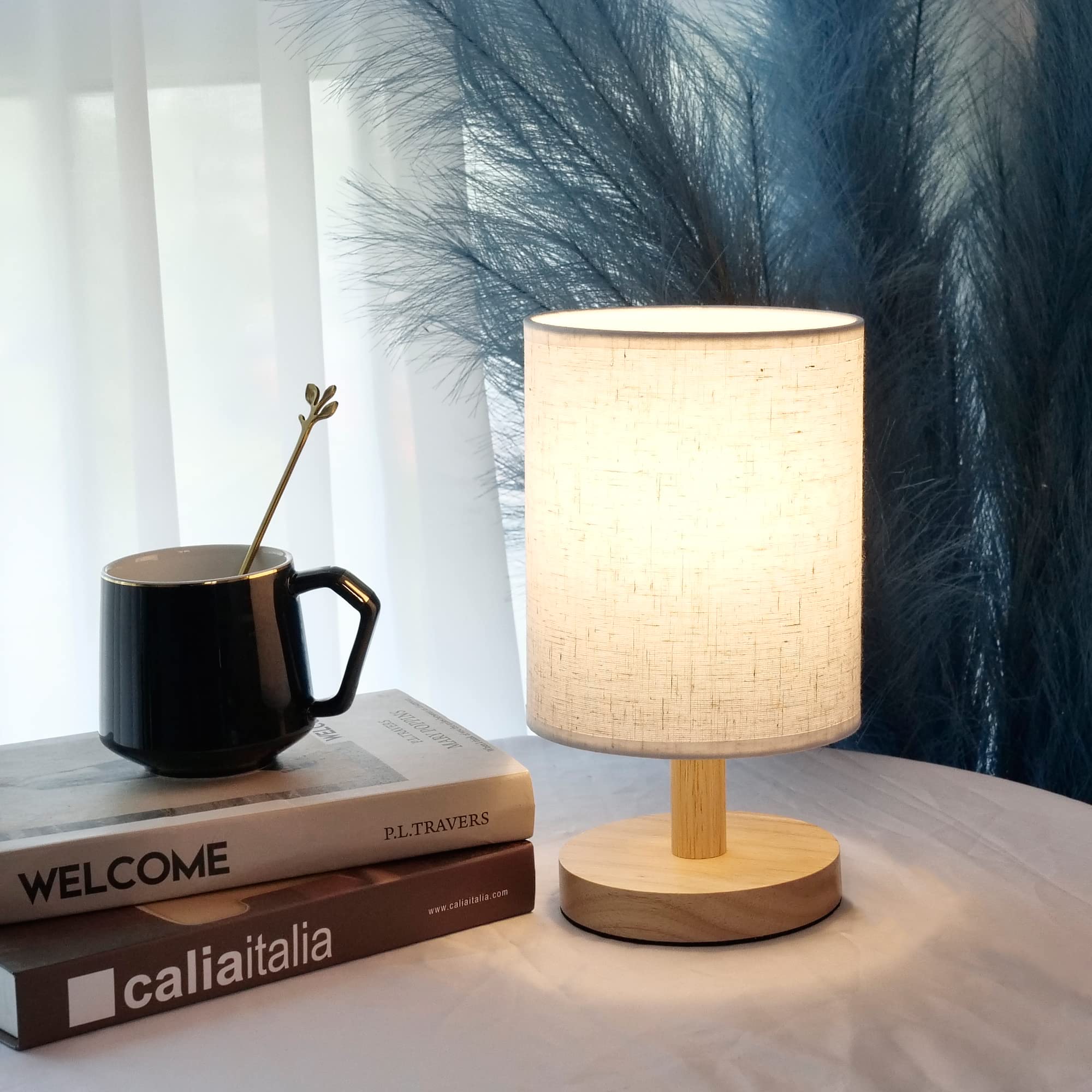 ACHUAI Wooden Small Table Lamp with Linen Shade - Modern Minimalist Bedside Night Light for Bedroom, Living Room, Kids Room - Includes LED Bulbs (Round) | Perfect for Reading, Relaxing & Creating Cozy Atmosphere