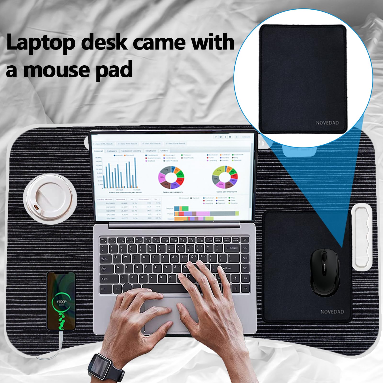 Foldable Laptop Desk with USB Charger, Storage Drawer & Cup Holder - Portable Bed Desk for Reading, Working, Gaming on Sofa, Couch, Floor & Office