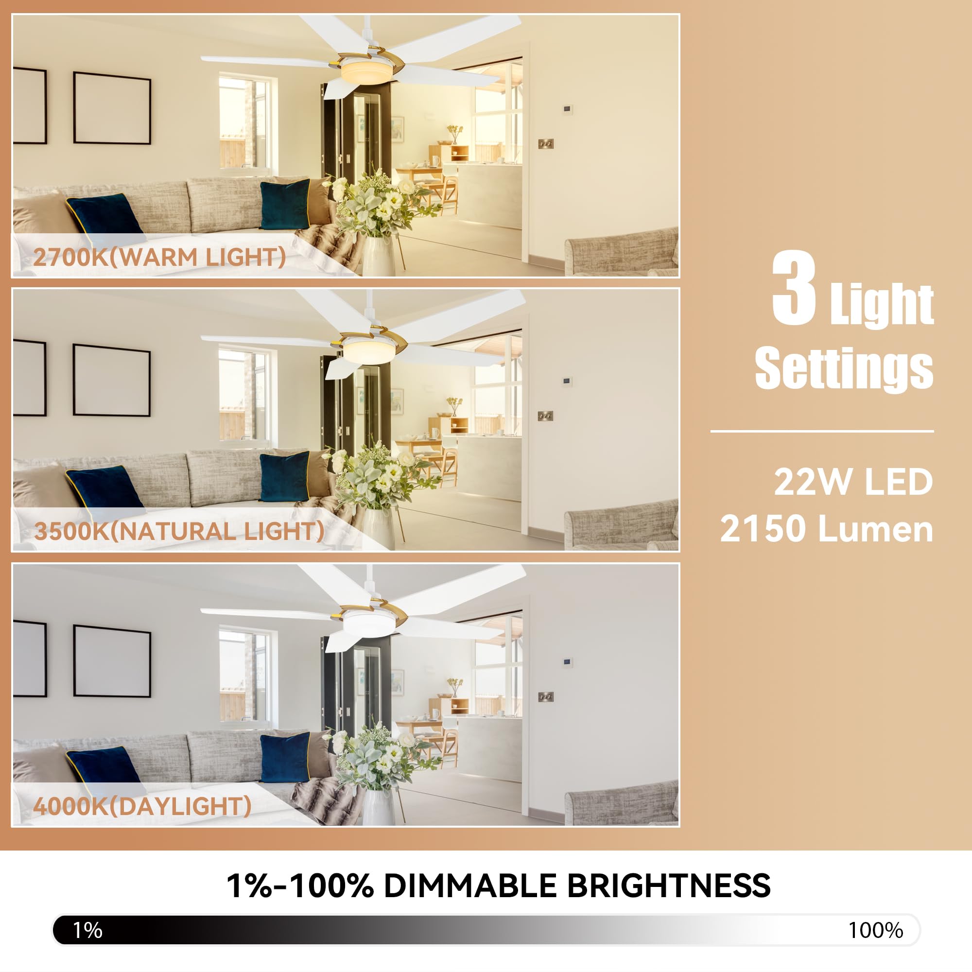 52 Inch Smart Ceiling Fan with Light - 5 Blade Low Profile Outdoor Ceiling Fan, 10 Speed DC Motor & Dimmable LED - Works with APP/Alexa/Google Assistant/Siri Shortcuts (White & Gold) - Perfect for Patio, Deck, Gazebo and Outdoor Living Spaces