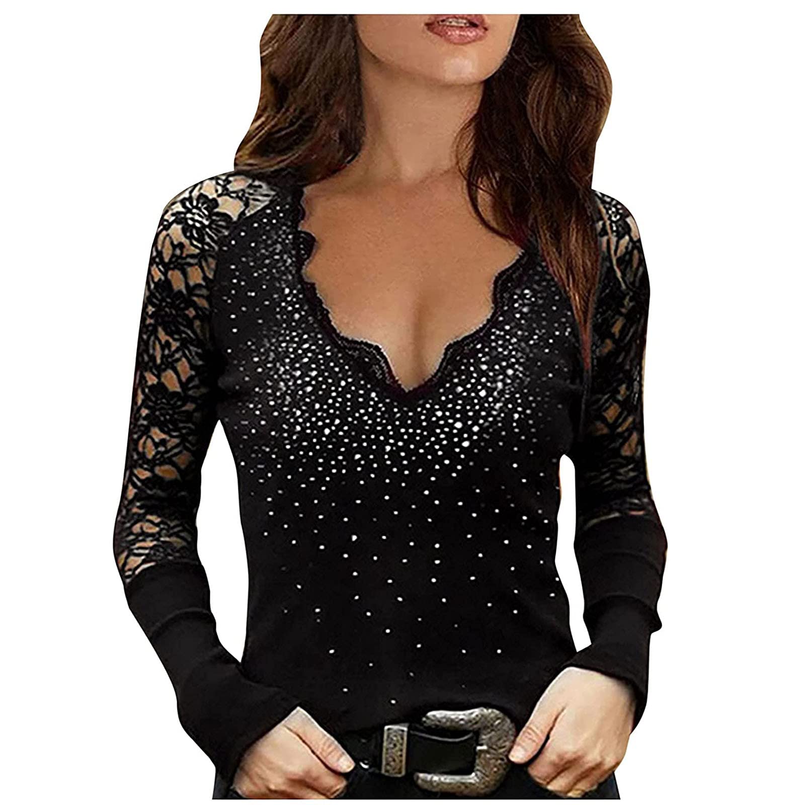 Printed Pullover Women's Long Sleeve Tunic Top with Lace Neck - Casual & Sexy Work Shirt for Office, Date Night & Fall Layering