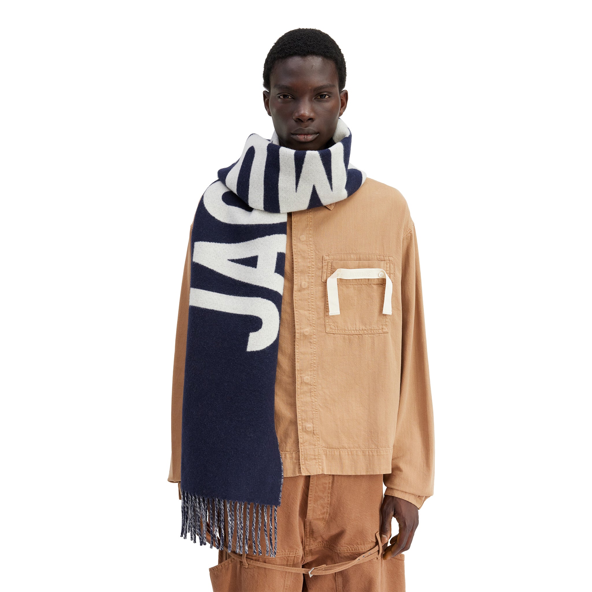 Jacquemus L'echarpe Fringe Logo Navy Scarf - Stylish Designer Scarf for Women & Men - Perfect for Winter Fashion, Outfit Accessories & Gift Giving