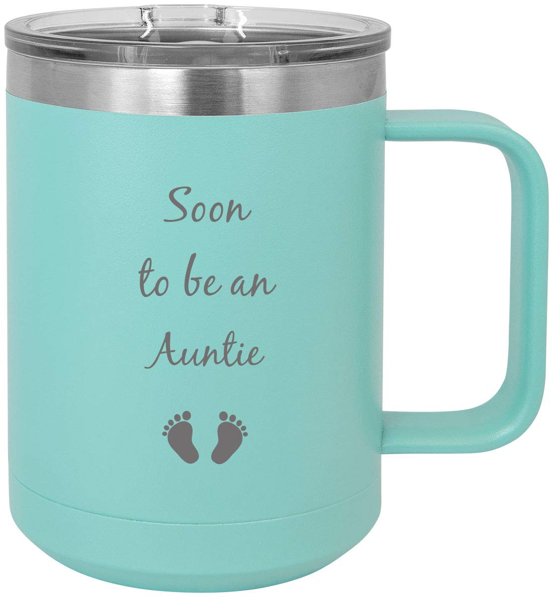 Personalized Stainless Steel Vacuum Insulated 15oz Travel Coffee Mug with Slider Lid - Engraved 'Soon to Be Aunt' Gift in Teal - Perfect for Commuting, Outdoor Adventures & Office Use