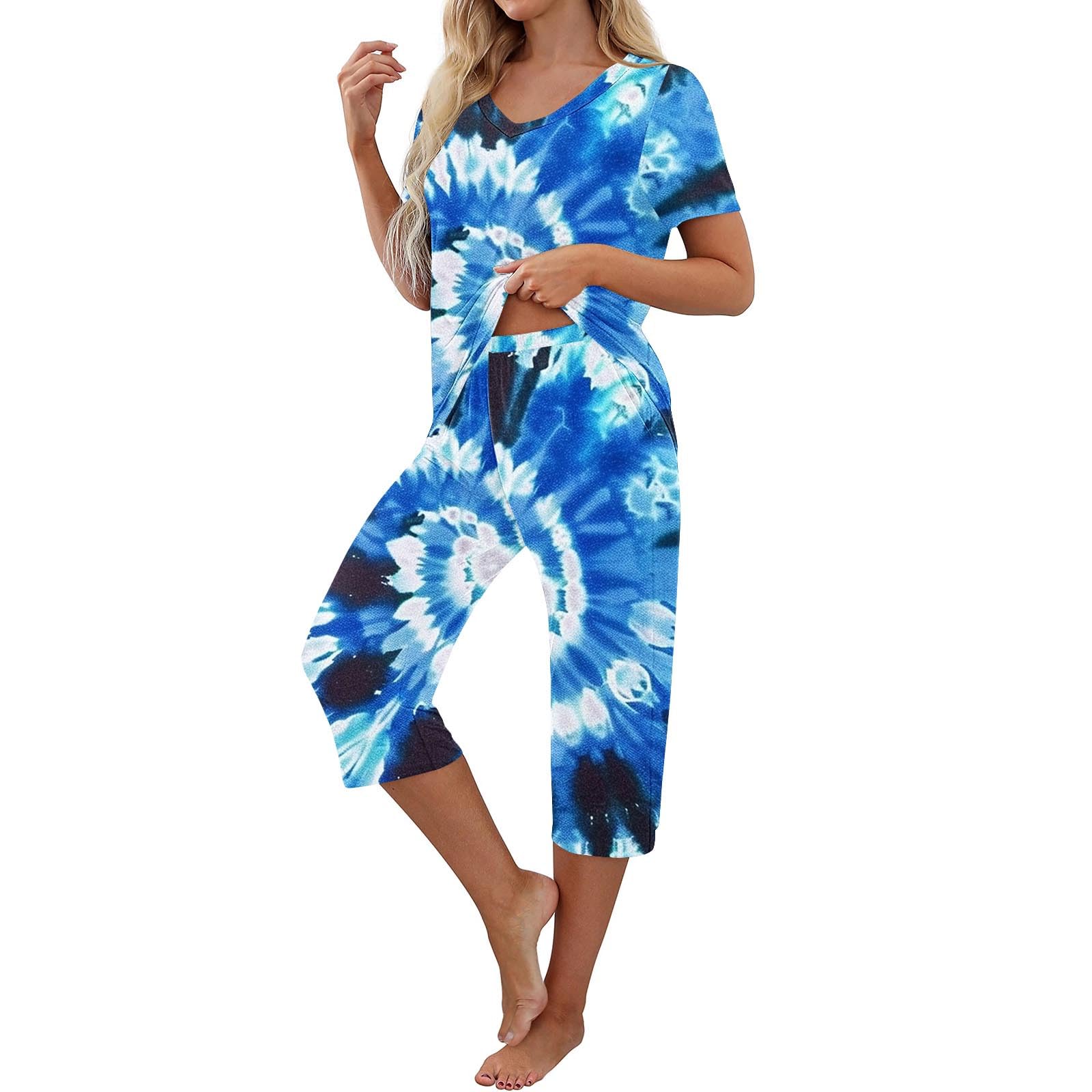 Women's Boho Lounge Sets - Tie Dye Short Sleeve Sleepshirt & Capri Pants 2-Piece Pajama Set with Pockets | Comfortable Sleepwear for Relaxing at Home, Travel & Lounging