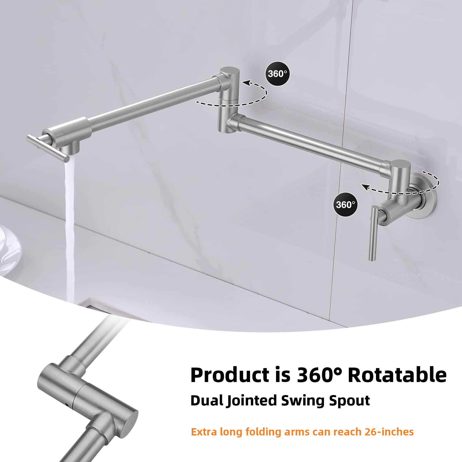Stainless Steel Commercial Wall Mount Pot Filler Faucet - Brushed Nickel Finish, Single Hole Two Handle Design with Folding & Stretchable Spout for Kitchen Sink | Perfect for Restaurants, Home Chefs & High-Volume Cooking Areas