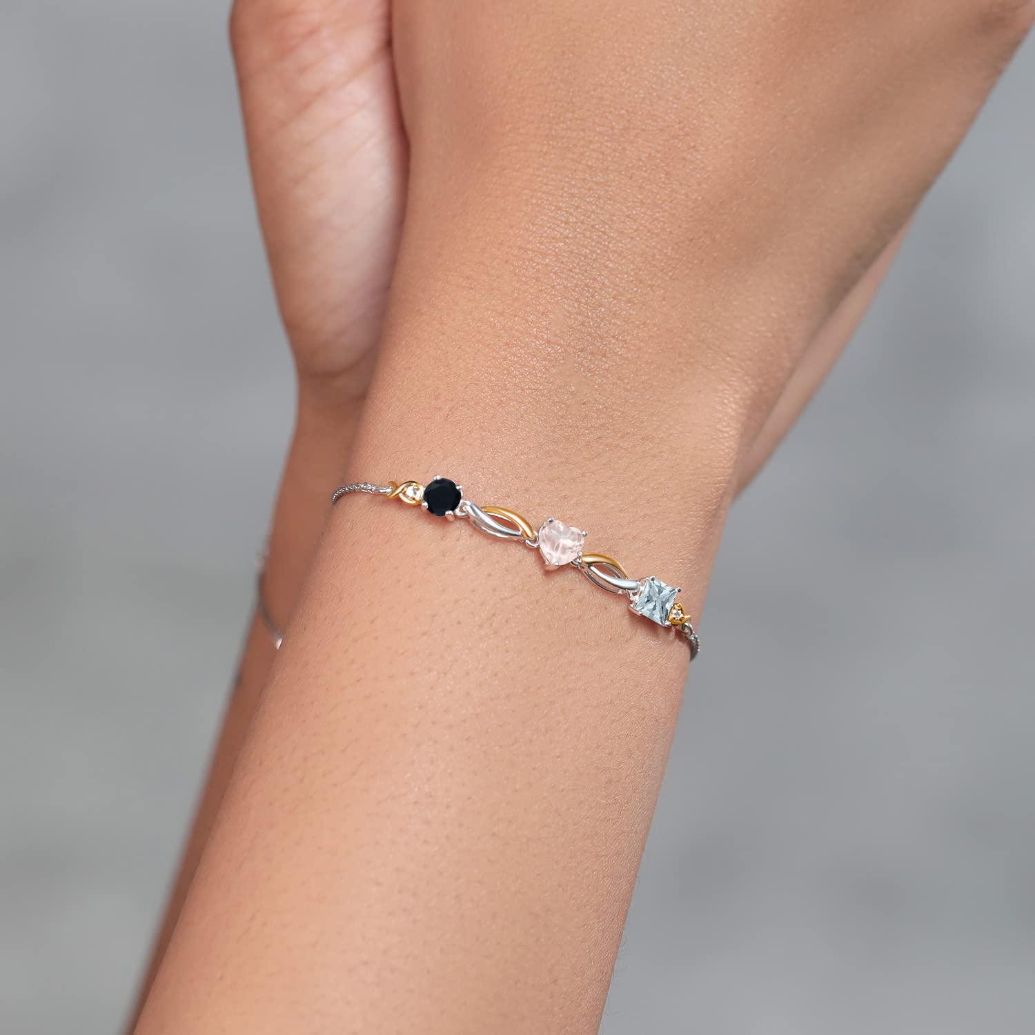 1.69 Ct Round Black Onyx & Rose Quartz 925 Sterling Silver 10K Yellow Gold Lab Grown Diamond Bracelet for Women | Elegant Gemstone Jewelry Gift for Anniversary, Birthday & Special Occasions