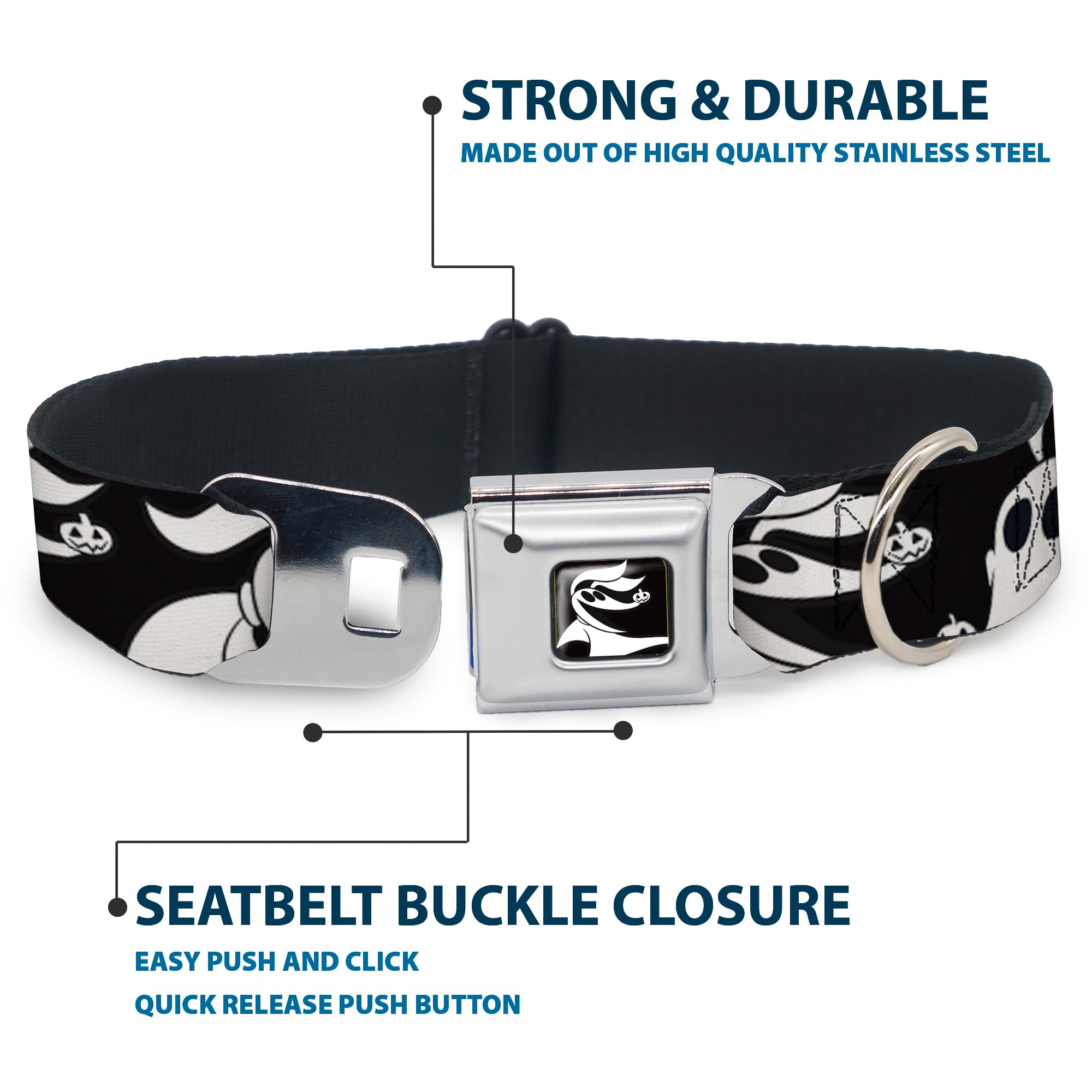 Nightmare Before Christmas Dog Collar - Zero Expressions Black & White Pet Safety Seatbelt Buckle, Adjustable 15-26 Inches, 1-Inch Wide for Small to Medium Dogs - Perfect for Car Travel & Halloween Costumes