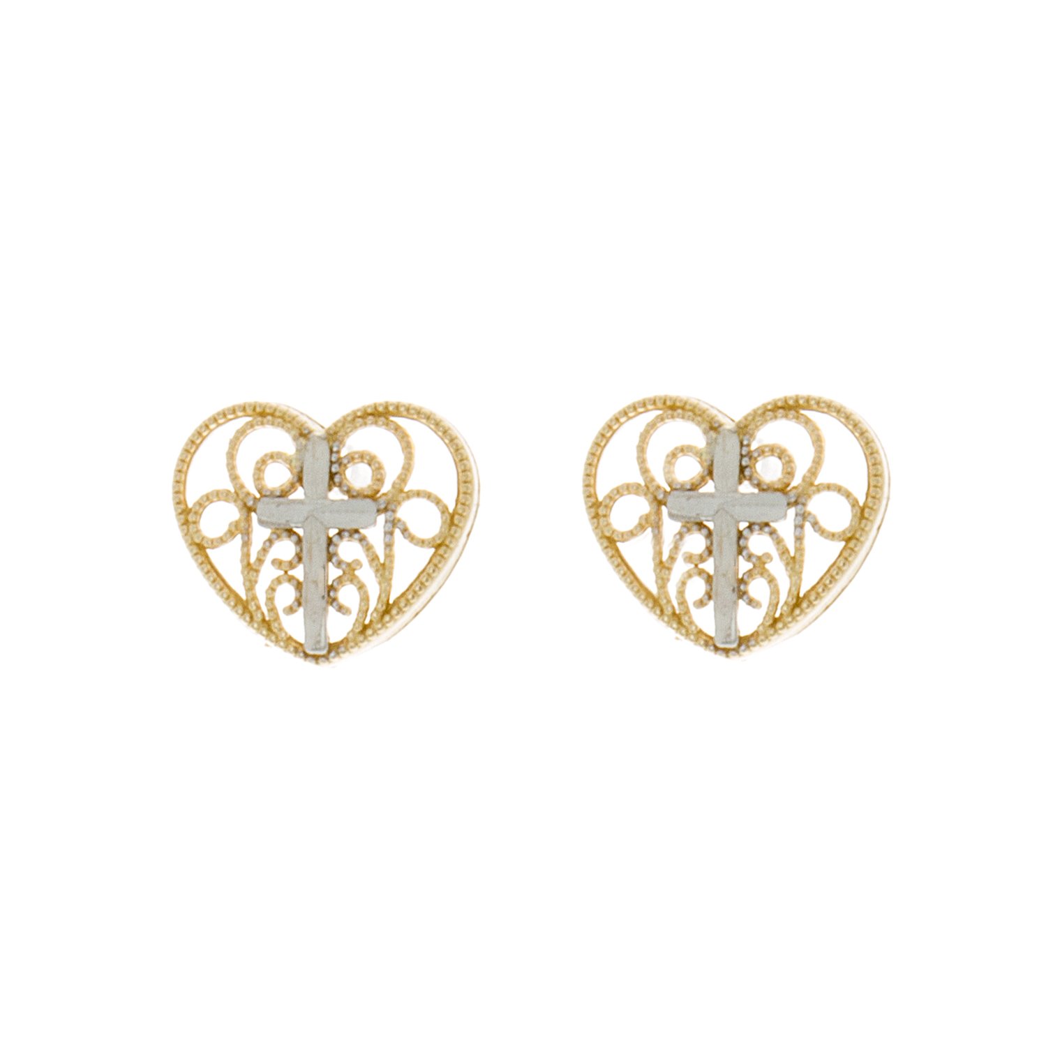 14K Two-Tone Gold Heart Post Earrings with Filigree Design & White Cross Center - Elegant Dainty Jewelry for Women, Perfect for Valentine's Day, Anniversary Gifts, Bridal Accessories, and Everyday Wear
