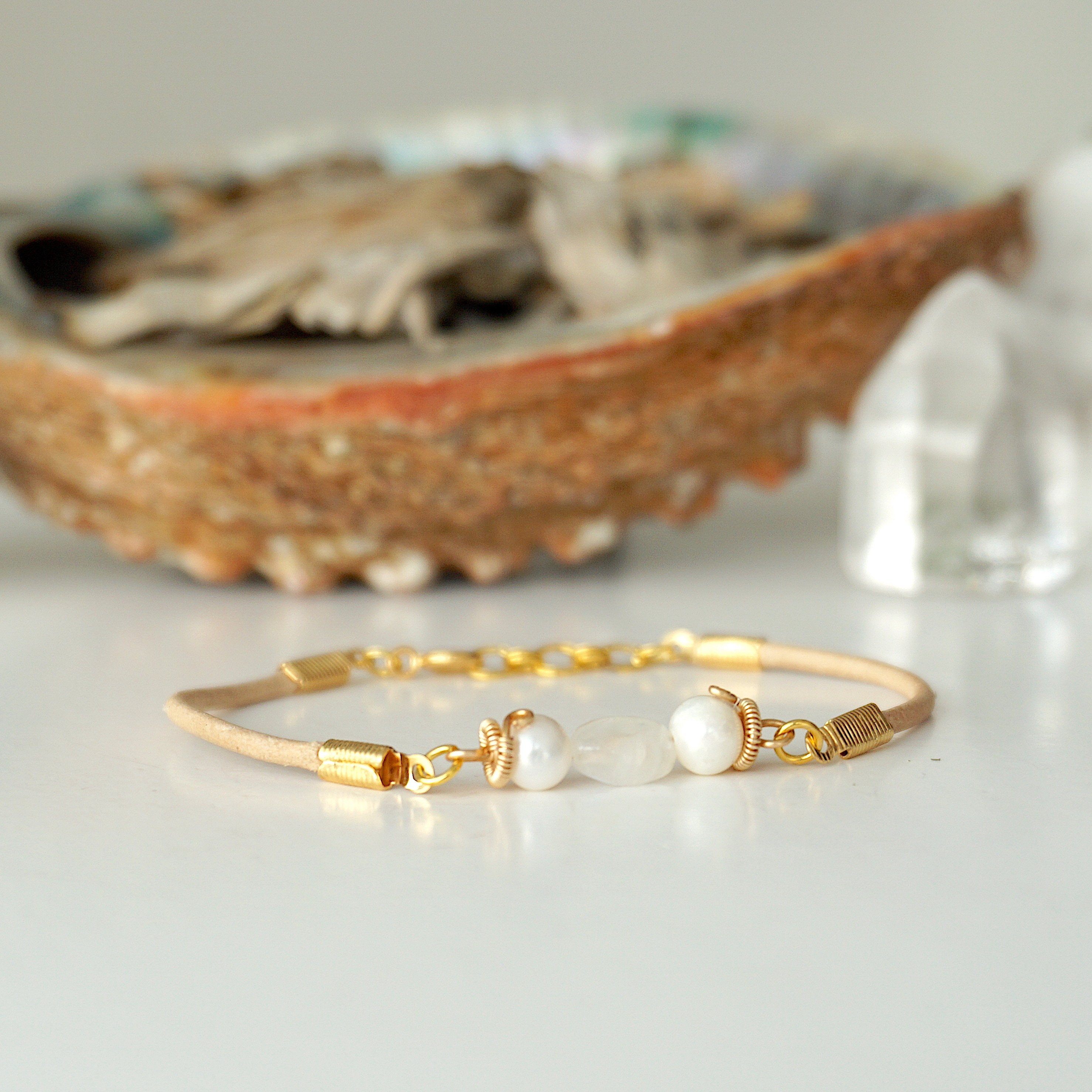 Pearl and Moonstone Bracelet - Gold Plated Tan Leather Jewelry for Women | Boho Chic, Wedding, Party & Everyday Wear