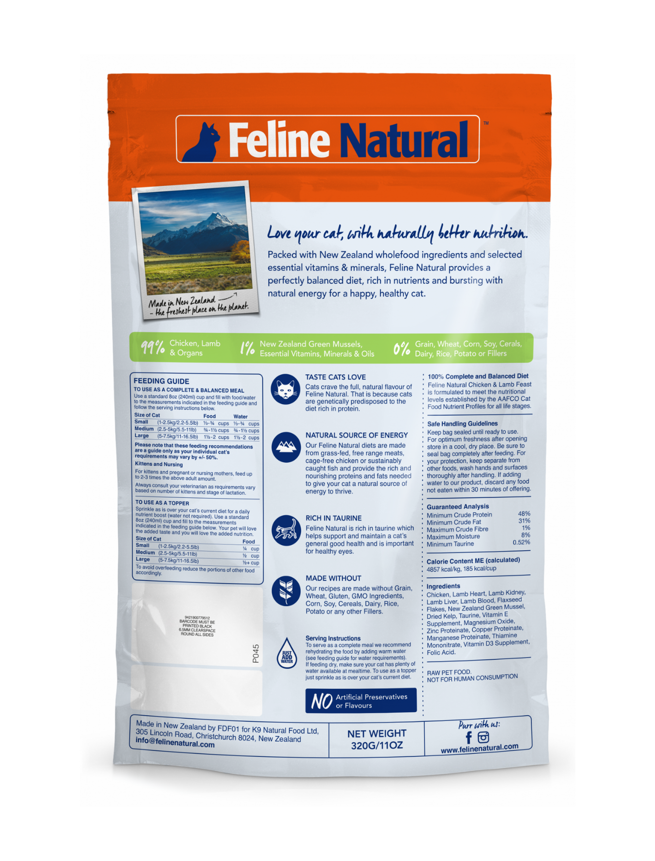 Feline Natural Freeze Dried Cat Food - Grain Free Chicken & Lamb Recipe - 11.3oz (320g) for Adult Cats - High Protein Raw Nutrition for Indoor & Outdoor Cats - Perfect for Travel & Treats