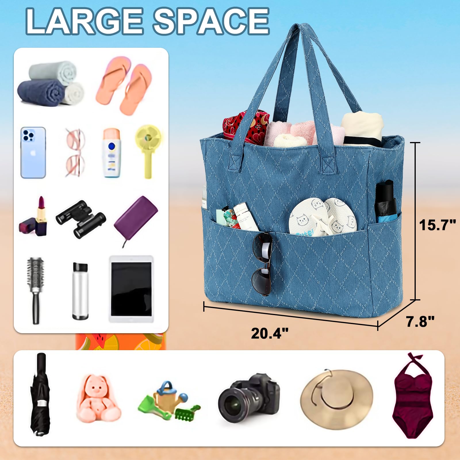 Waterproof & Sandproof Large Beach Tote Bag for Women - Extra Large Zippered Pool Bag with Wet Pocket - Perfect for Beach, Gym, Grocery Shopping & Travel