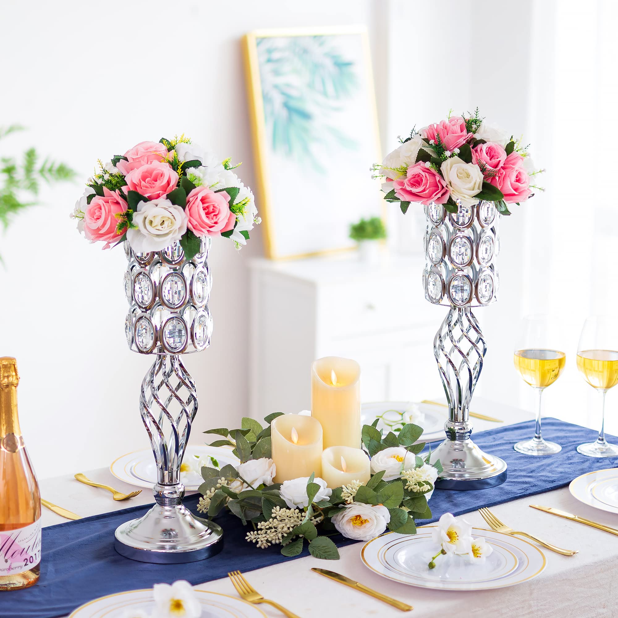 10-Pack Silver Metal Vases for Wedding Centerpieces - Tall Crystal Beaded Flower Stands for Tables, Birthday Parties & Home Decor | Elegant Event Decoration for Weddings, Anniversaries & Special Occasions