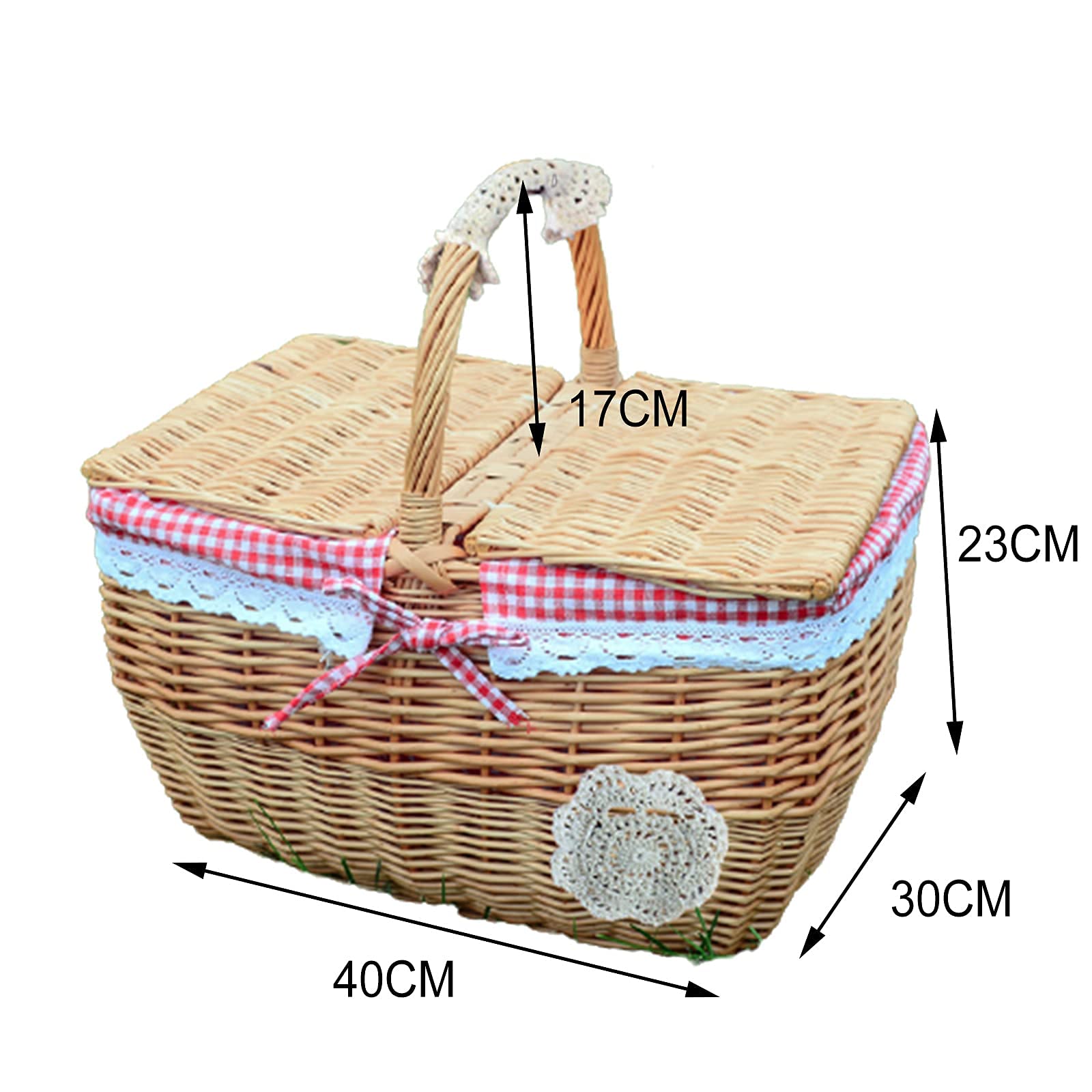 Handmade Willow Wicker Basket with Double Lids - Camping Picnic Storage Basket with Fabric Lining & Sturdy Outdoor Handle (Brown) - Perfect for Outdoor Adventures, Picnics, and Home Organization