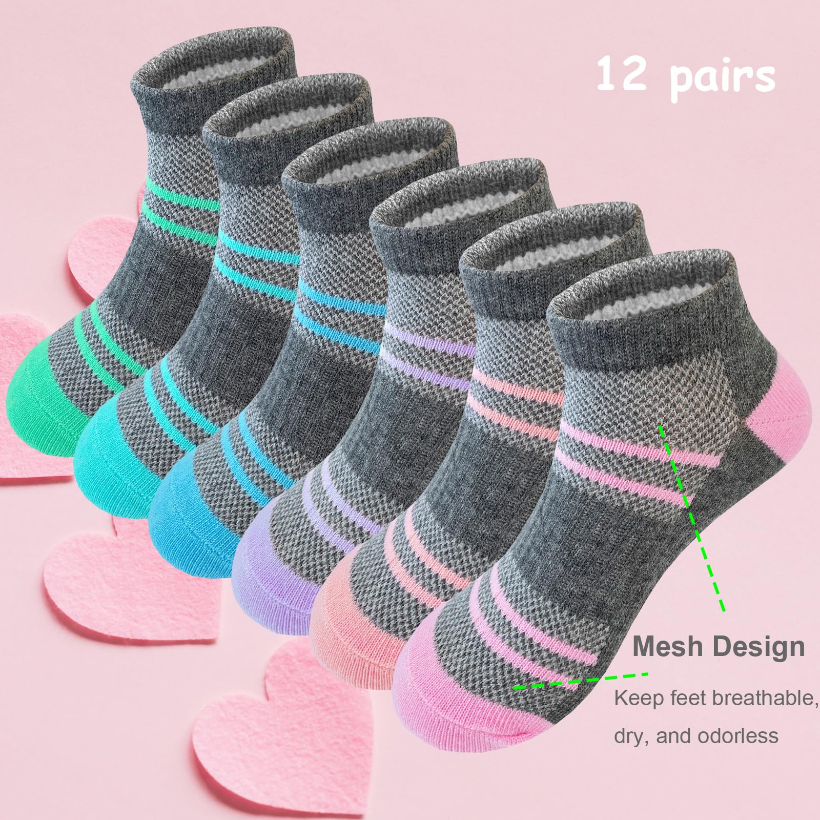 Bemeol 12 Pairs Girls Low Cut Ankle Socks - Soft Cotton Athletic Socks for Kids - Perfect for School, Sports & Everyday Wear