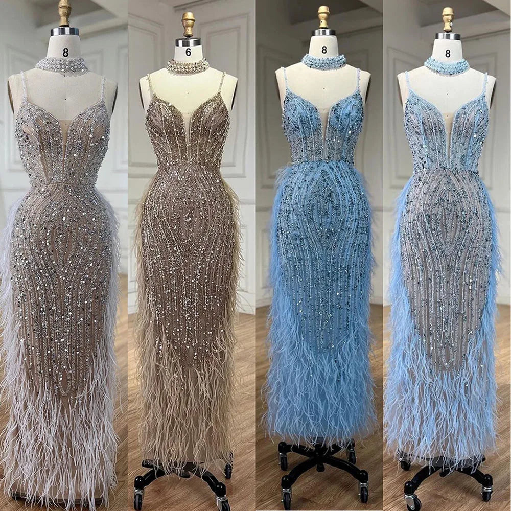 Elegant White Nude Mermaid Evening Gown with Spaghetti Straps, Beaded Details & Feather Hem - Perfect for Prom, Wedding Guest, and Formal Events - LA72047