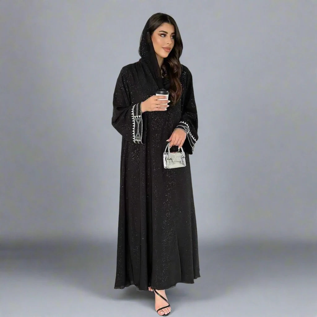 Elegant Muslim Women's Open Abaya Dress with Embroidery Sleeve & Glitter Details - Modest Islamic Fashion for Prayer, Wedding & Special Occasions