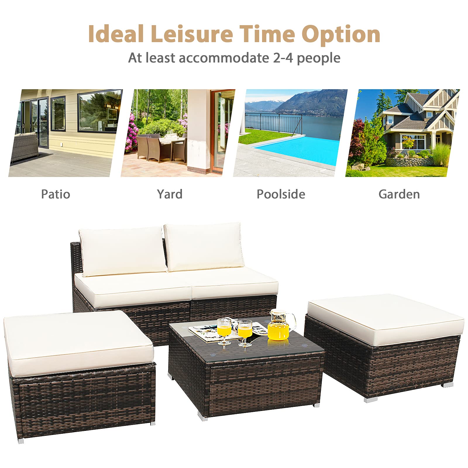 Tangkula 5-Piece Wicker Patio Furniture Set with Tempered Glass Coffee Table - Outdoor Conversation Set Includes 2 Armless Sofas, 2 Ottomans & Side Table - Washable Zippered Cushions for Porch, Garden or Poolside Relaxation
