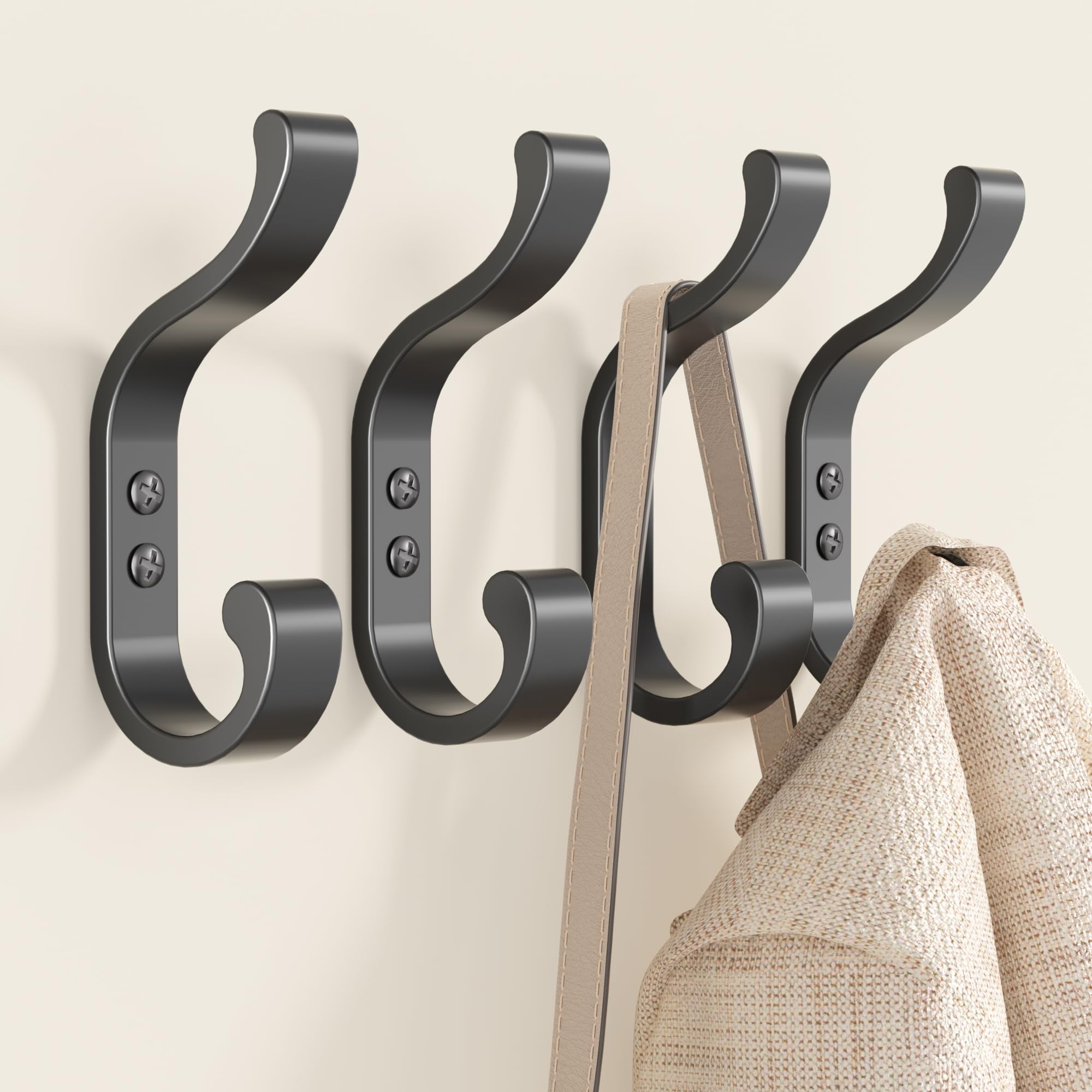 Heavy Duty Wall Mounted Coat Hooks 4-Pack - 30LB Capacity Hangers for Jackets, Hats, Towels, Backpacks & Keys - Durable Black Metal Hooks for Bedroom, Entryway, Bathroom & Garage Organization