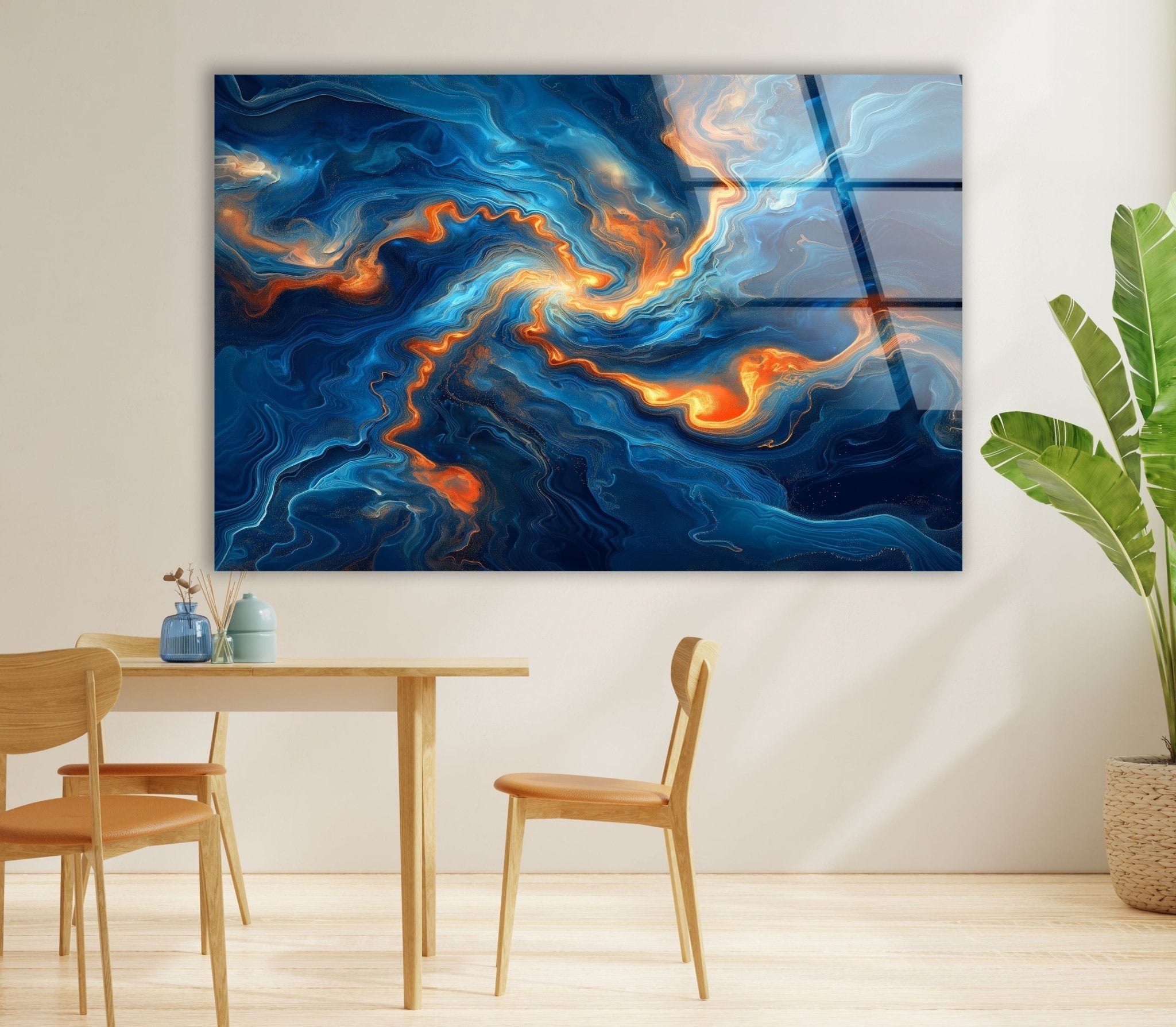 Abstract Swirling Blue and Orange Glass Wall Art - Handmade Modern Home Decor for Living Room, Bedroom & Office - Unique Contemporary Wall Sculpture