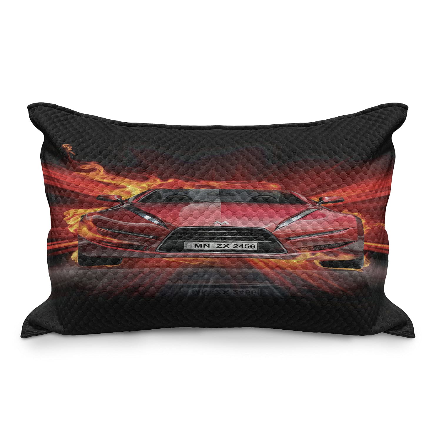 Ambesonne Cars Quilted Pillow Cover - Front View Speeding Car on Abstract Backdrop - Standard Queen Size 30x20 Inch - Orange Black Red Design - Perfect for Bedroom Decor, Living Room Accent & Car Enthusiast Gifts